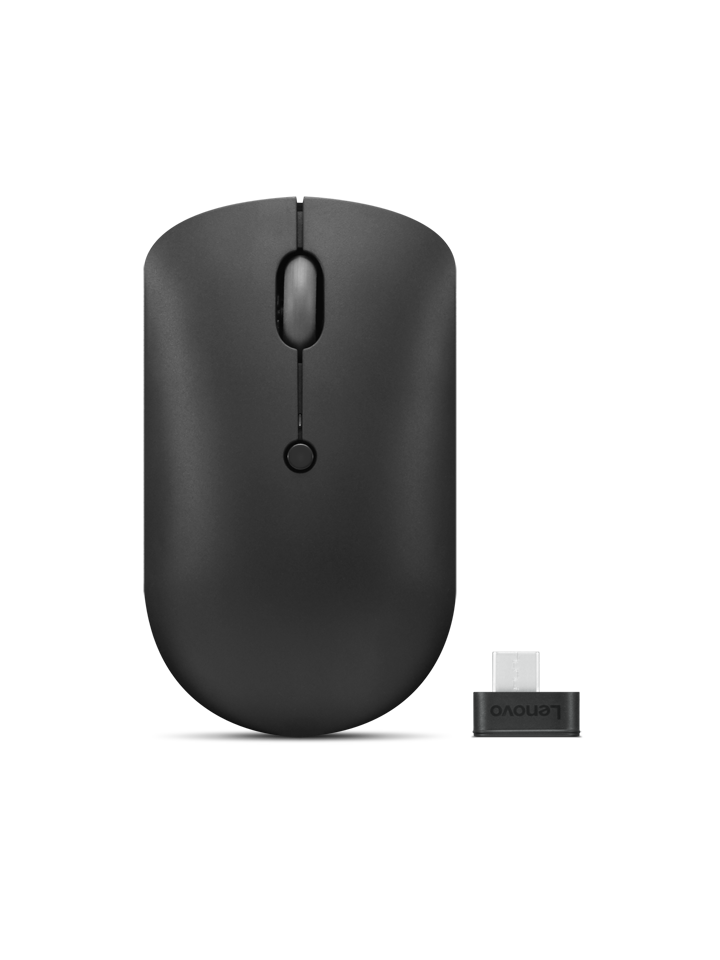 Siyah Lenovo fare, kaydırma tekerleği ve USB alıcısı. Alıcı, farenin yanında duruyor.