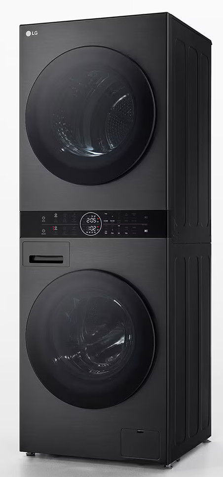 Czarna, piętrowa pralka i suszarka LG. Górna jednostka ma okrągłe drzwi. Dolna jednostka również.