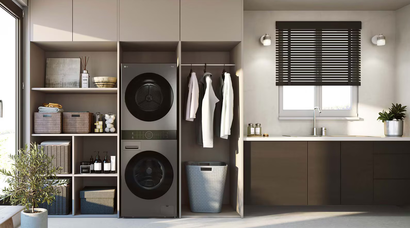 Pralnia ze stosowanymi pralką/suszarką LG, szafkami, oknem i akcesoriami do prania.