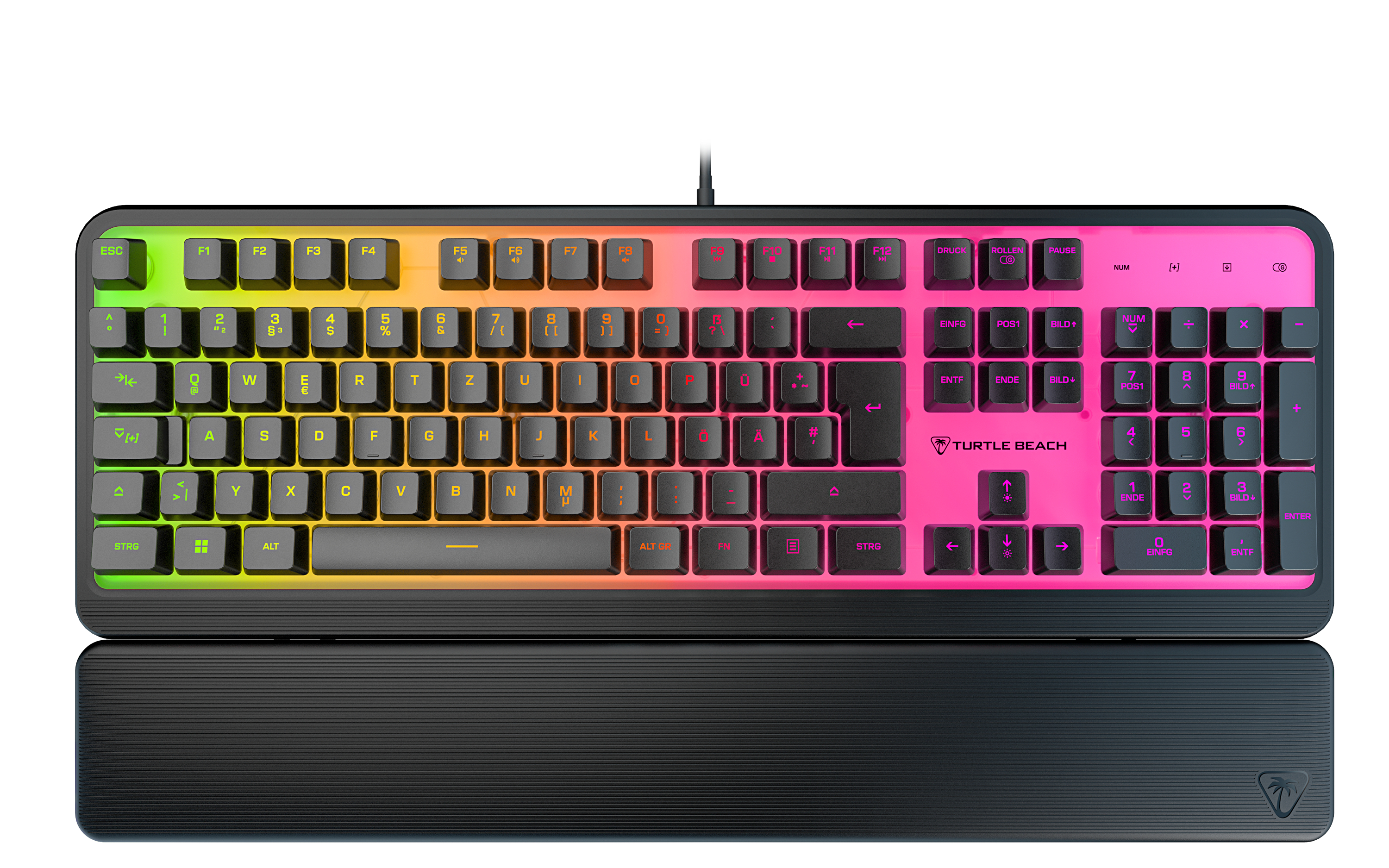 Turtle Beach Tastatur mit Regenbogen-Tasten, schwarzer Handballenauflage und Rahmen. Weißer Hintergrund.