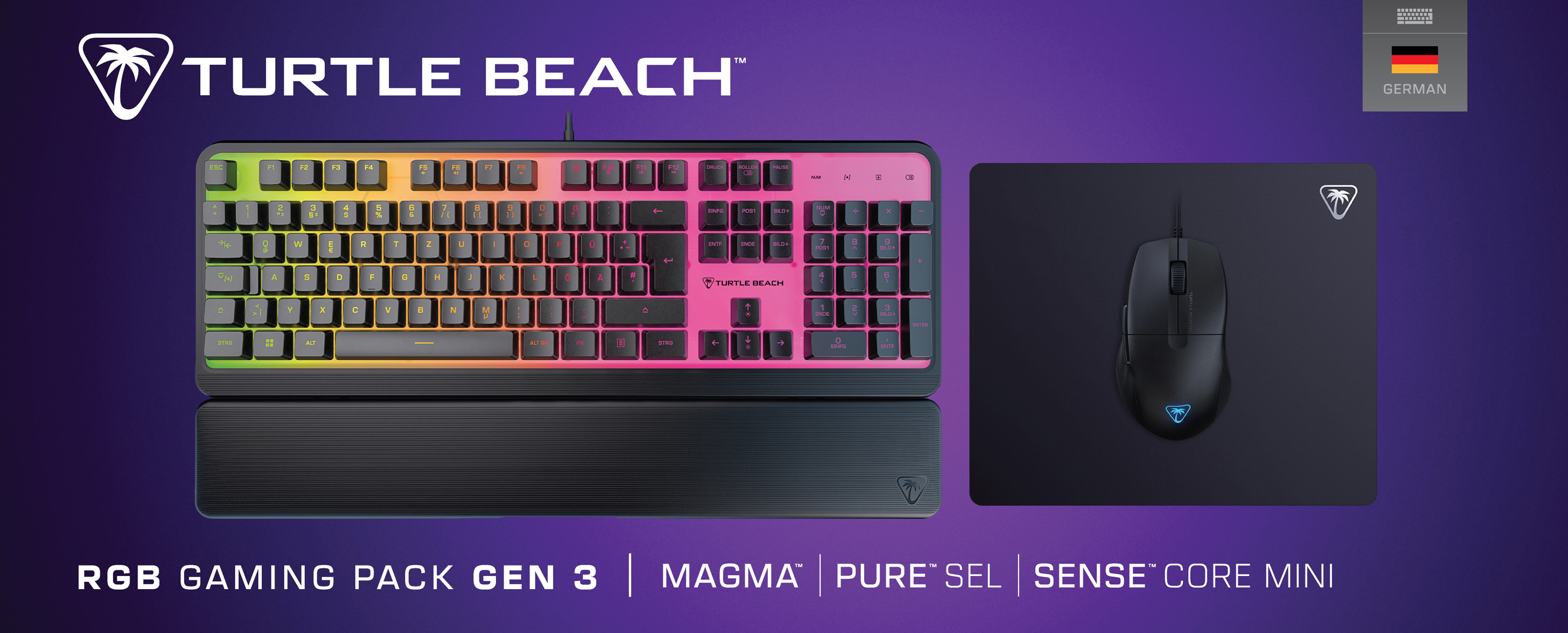 Gaming-Tastatur, Maus und Mauspad. Die Tastatur ist RGB. Die Artikel sind mit 'Turtle Beach' gekennzeichnet.