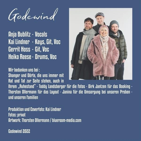 Ein Bandporträt mit Text. Die Band heißt 'Godewind'. Das Foto zeigt 5 Personen.