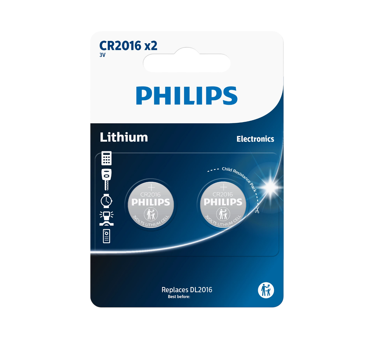 İki Philips CR2016 lityum pil paketi. Paket mavi ve beyaz.