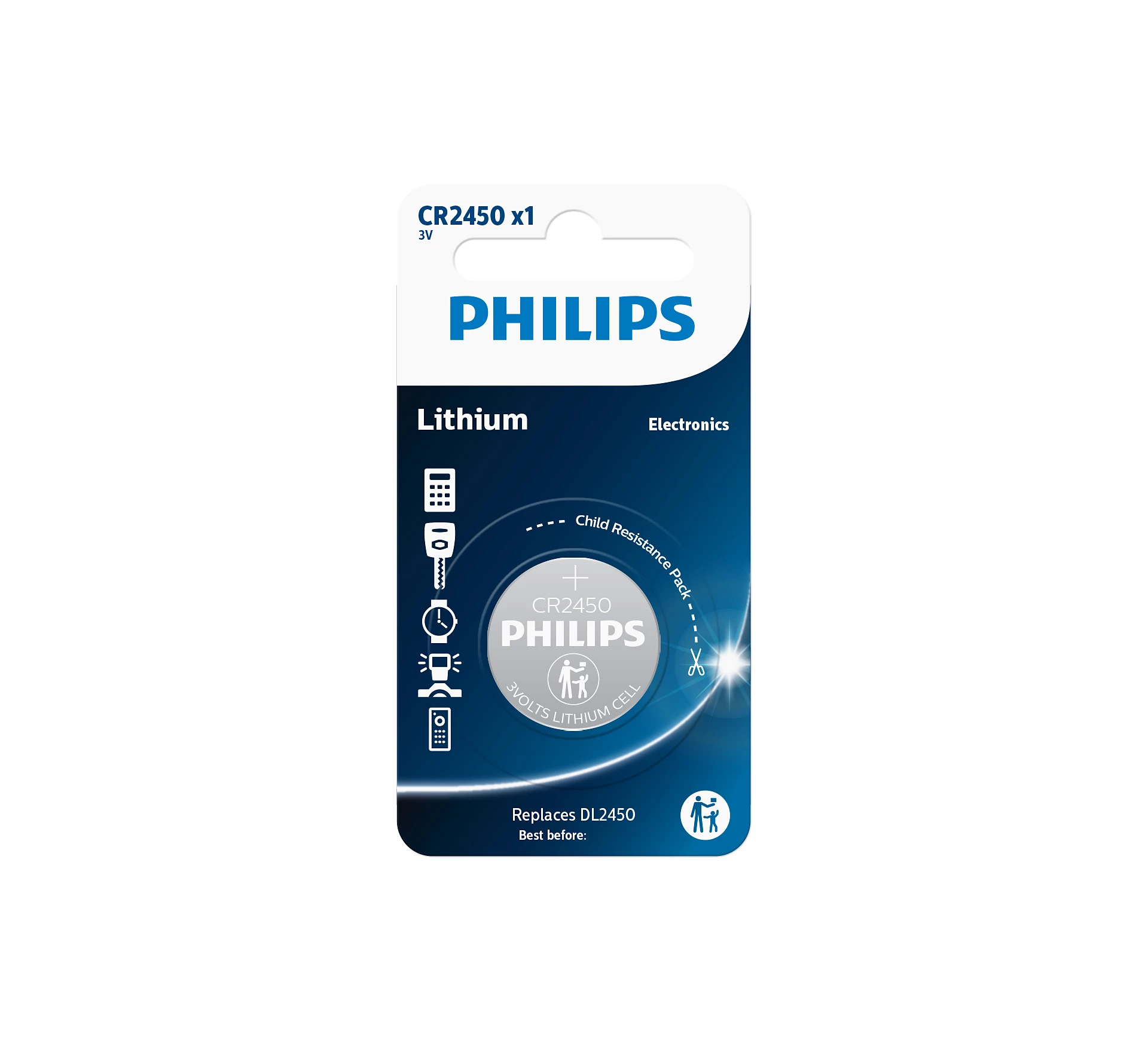 Philips CR2450 pil paketi. Mavi ve beyaz ambalaj. Solda simgeler. Çocuk emniyetli paket.