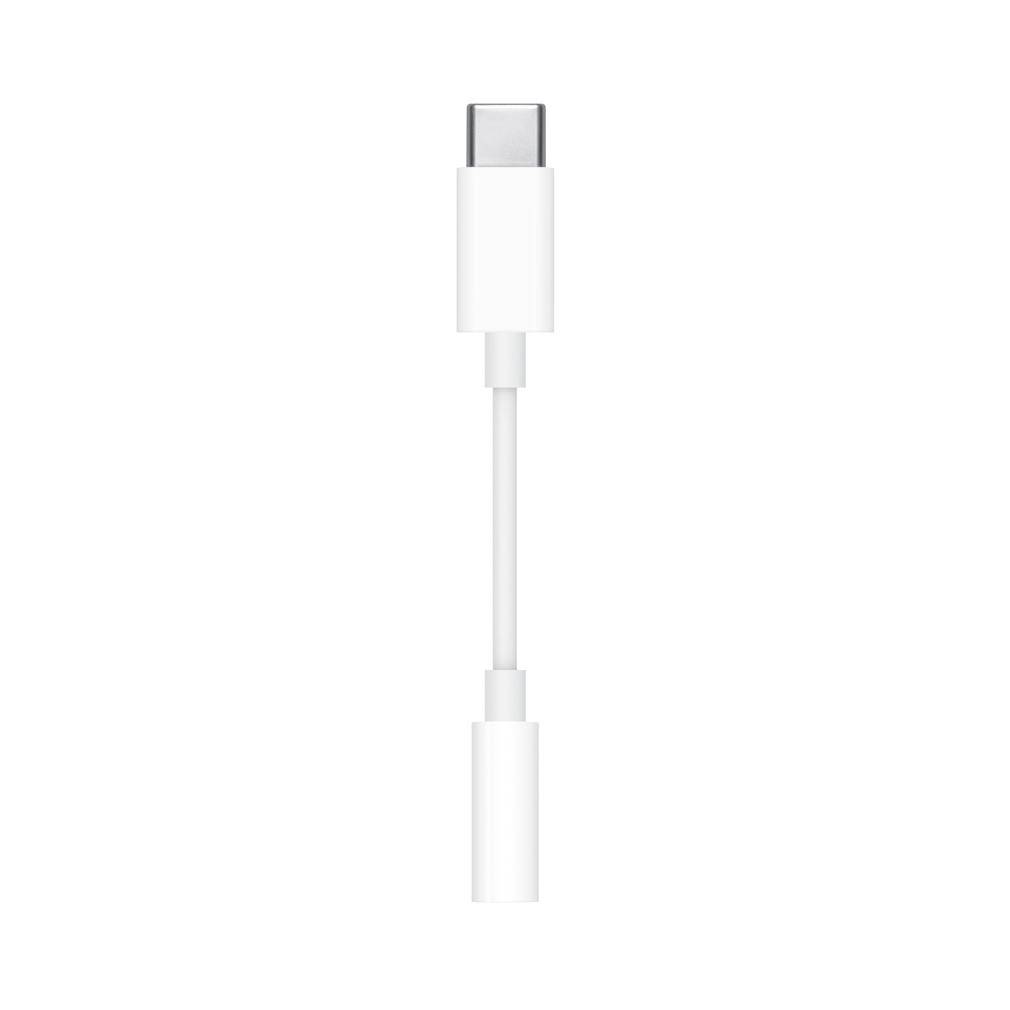 Beyaz USB-C - 3,5 mm ses adaptörü, iki beyaz konnektör ve beyaz kablo ile.
