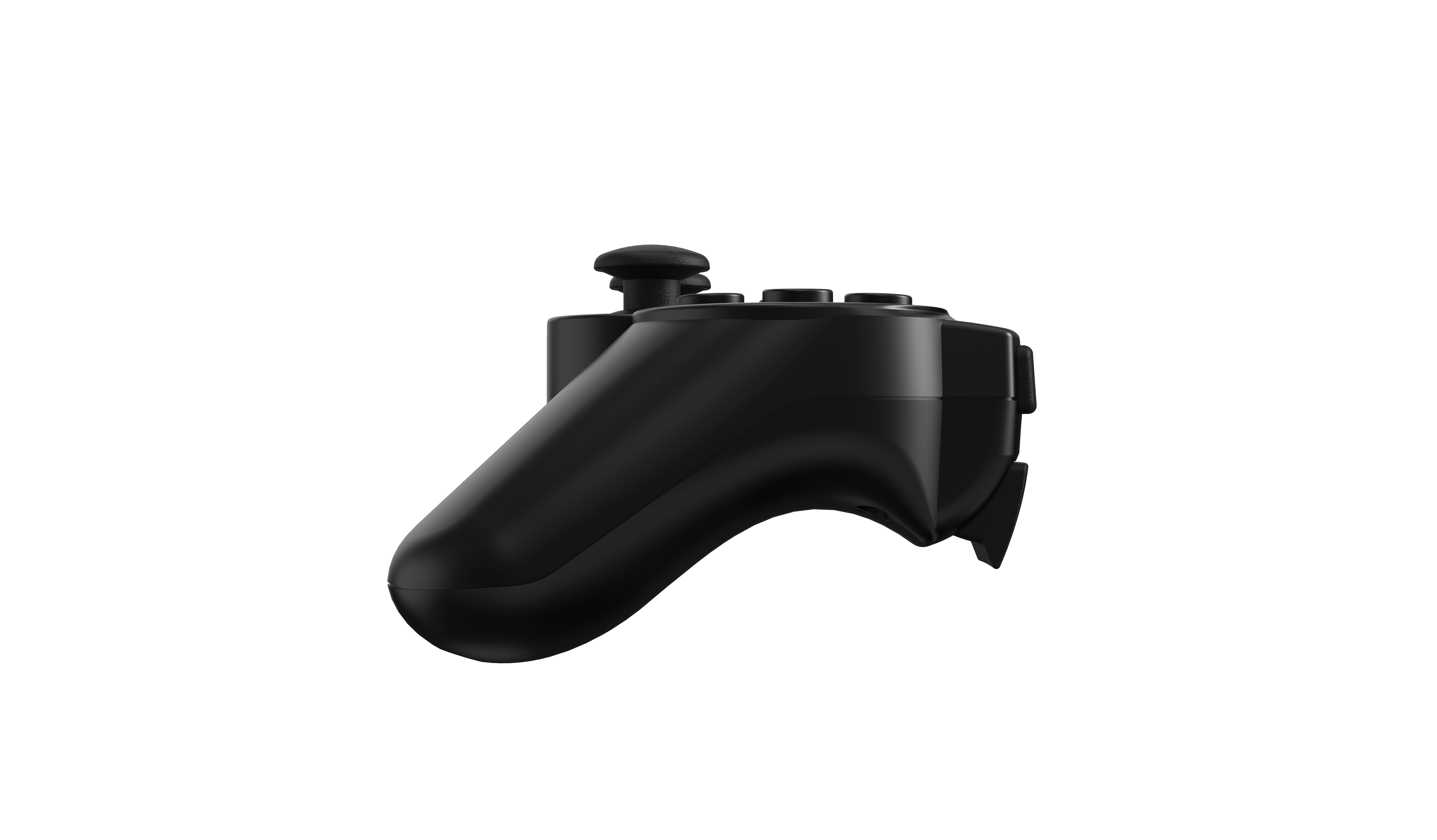 Schwarzer Gamepad-Controller, Seitenansicht, isoliert auf weißem Hintergrund.