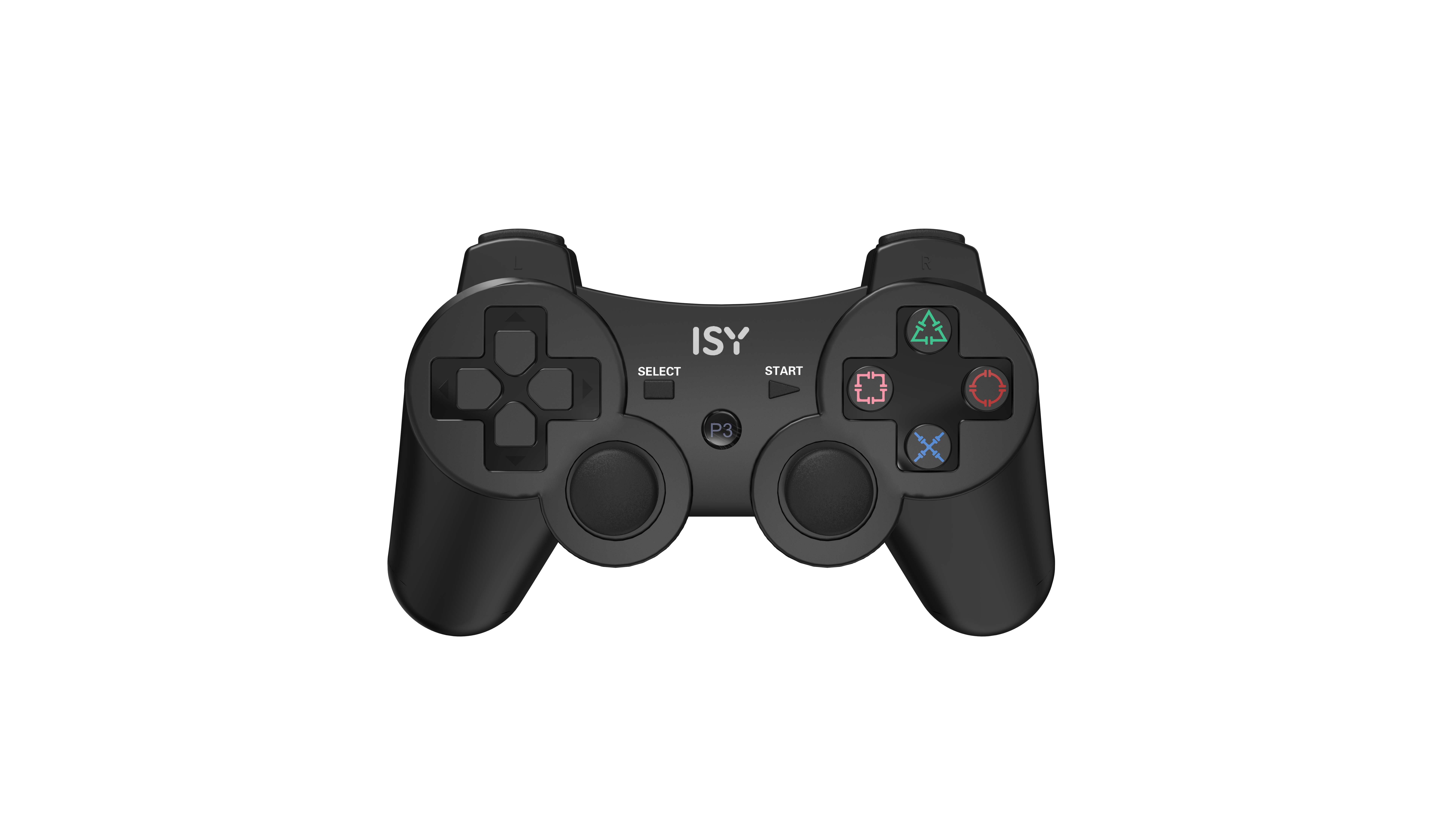 Schwarzer ISY-Gamecontroller mit Knöpfen und Steuerkreuz, isoliert auf weißem Hintergrund.