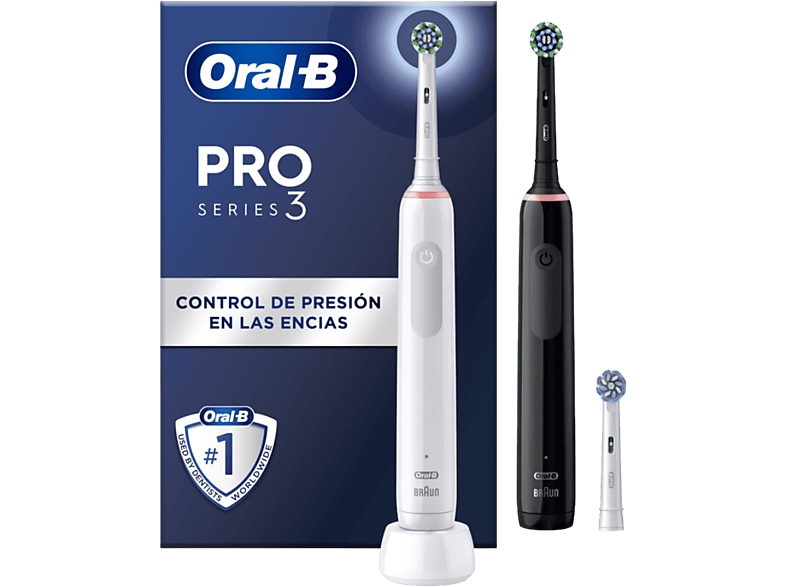 Cepillo eléctrico - Oral-B Pro 3 3900, Pack de Dos Cepillos eléctricos, Cabezales, Diseñados Por Braun, Negro y blanco