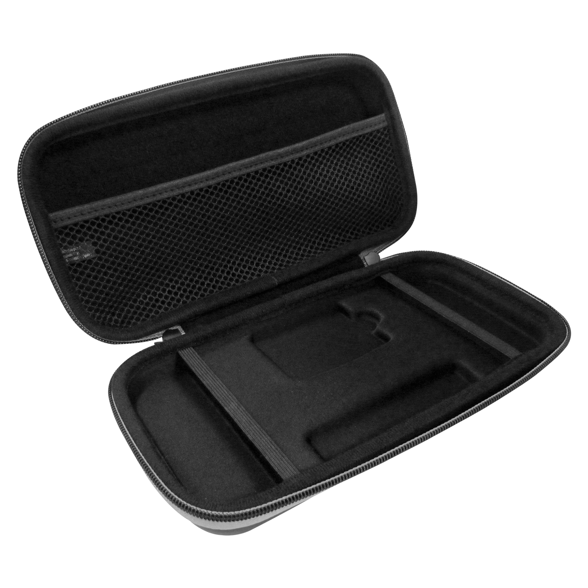 Un estuche negro abierto con un bolsillo de malla y compartimentos para accesorios.