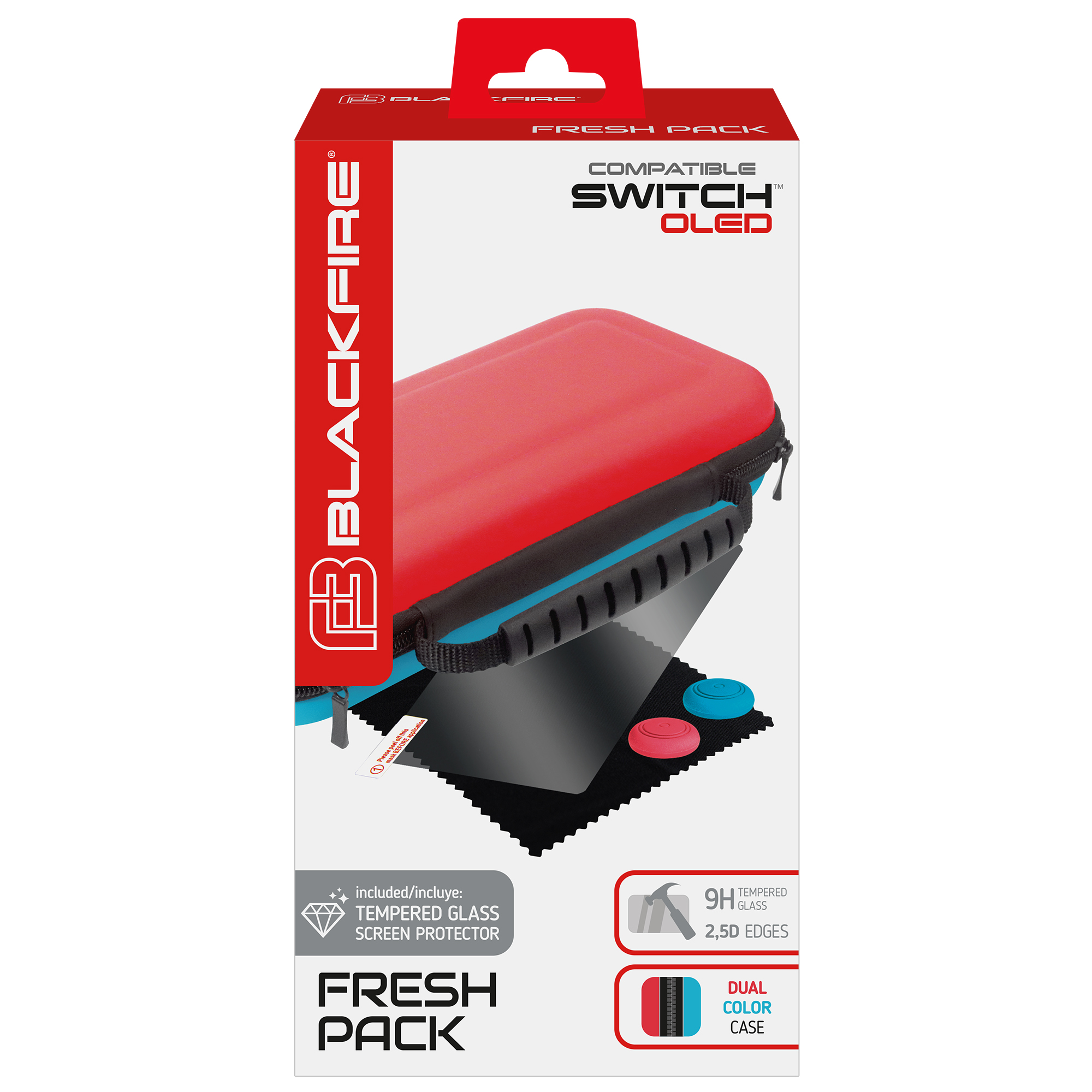 Una funda Switch OLED roja y negra con protector de pantalla y una funda de dos colores. Incluye accesorios.