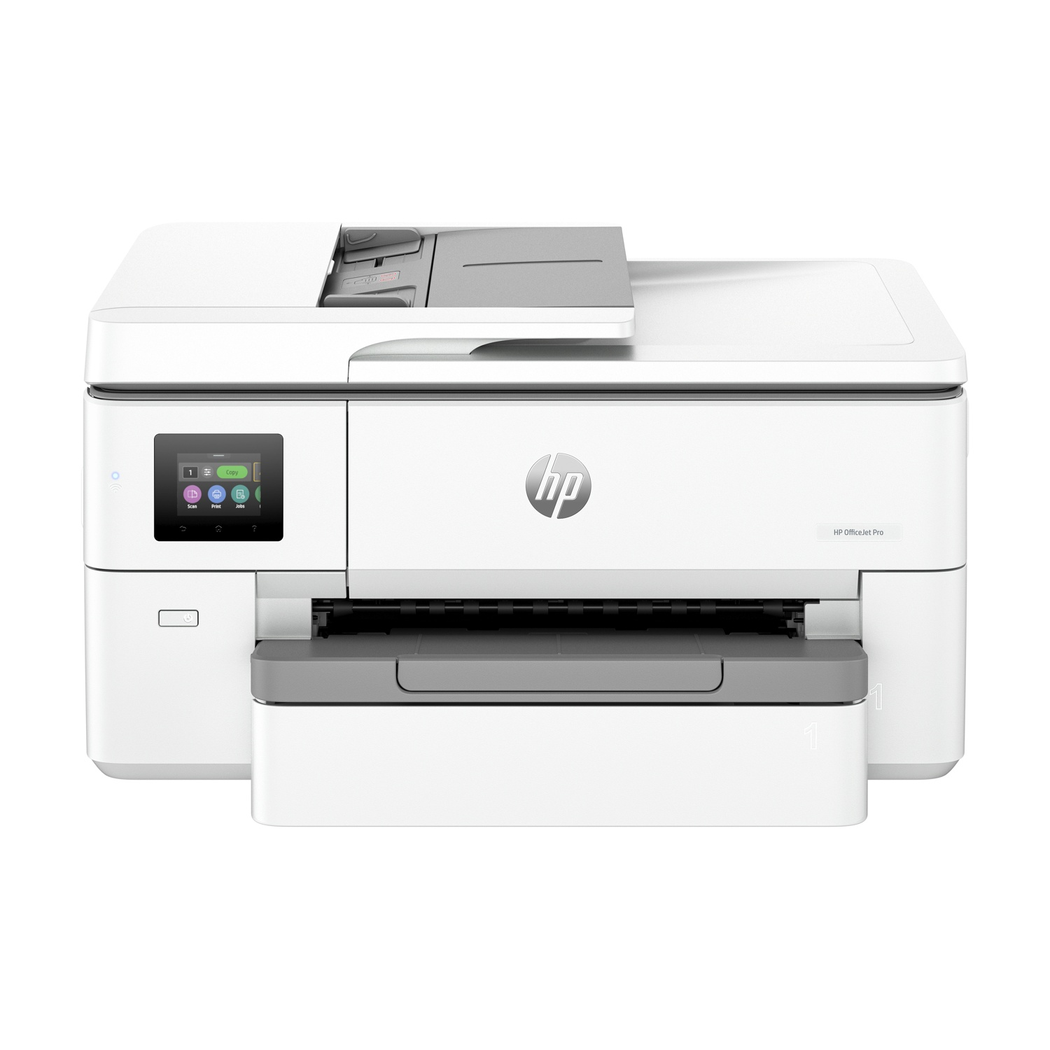 Stampante HP OfficeJet Pro bianca, con schermo e vassoio carta.