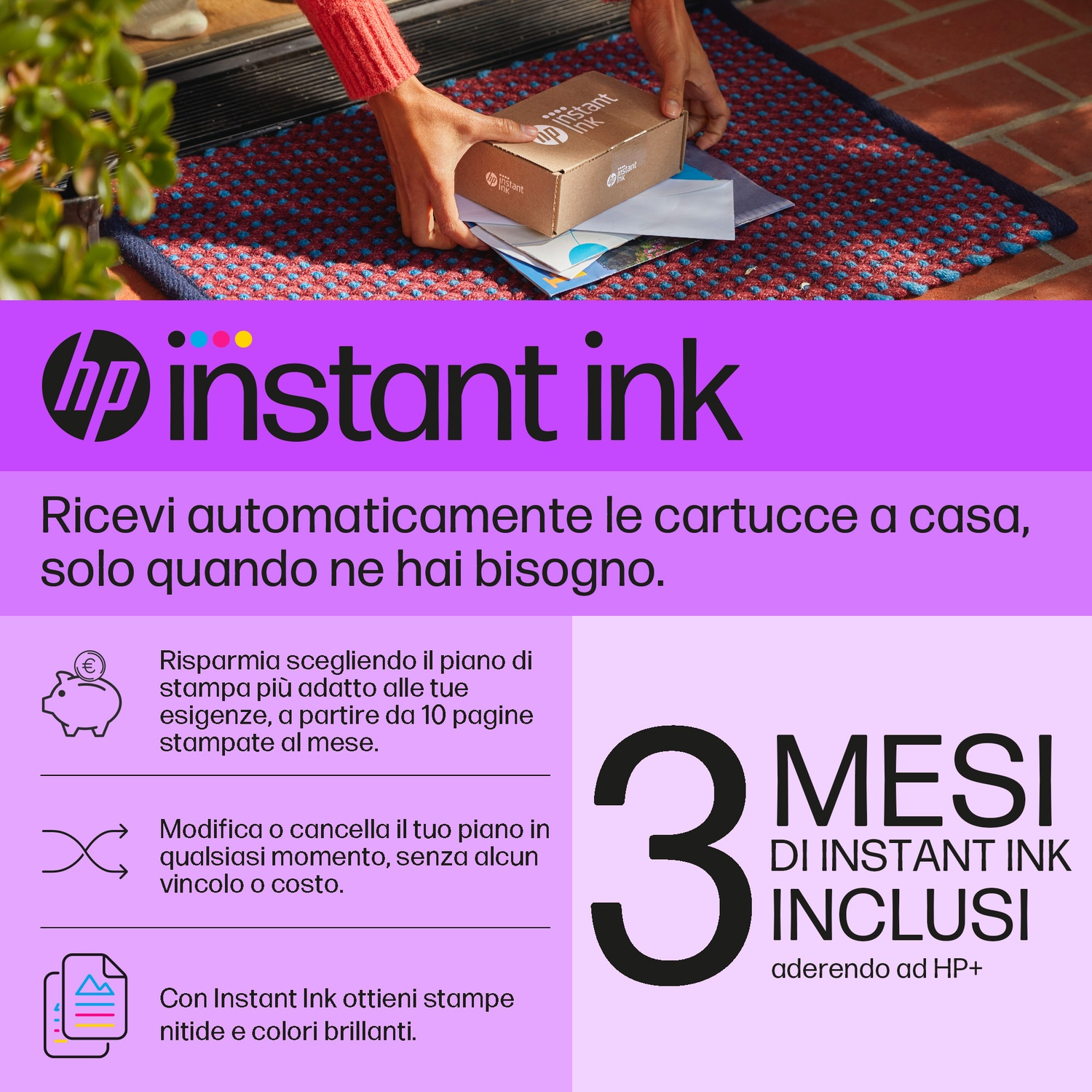 Pubblicità HP Instant Ink con scatola, testo e offerta di 3 mesi.