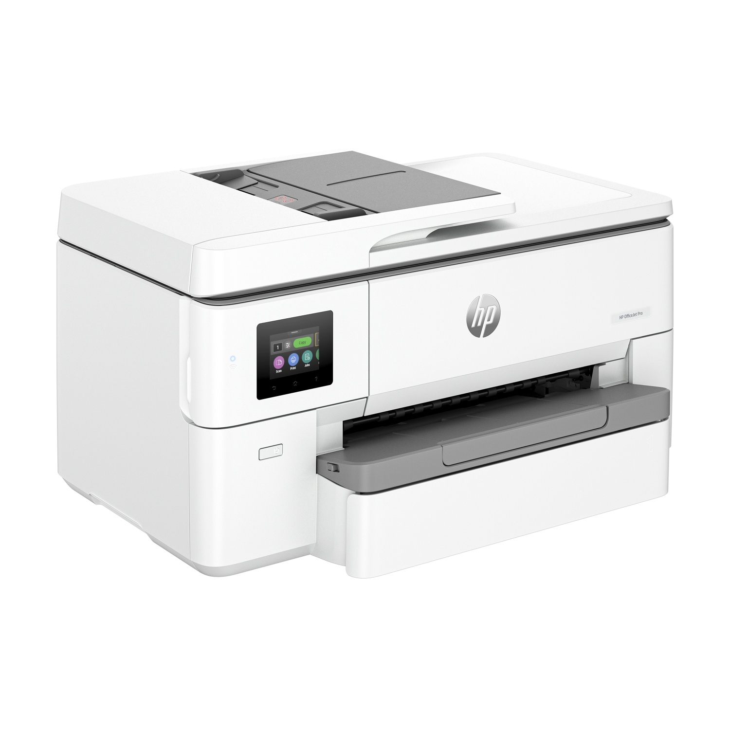 Stampante HP bianca con display e vassoio carta.
