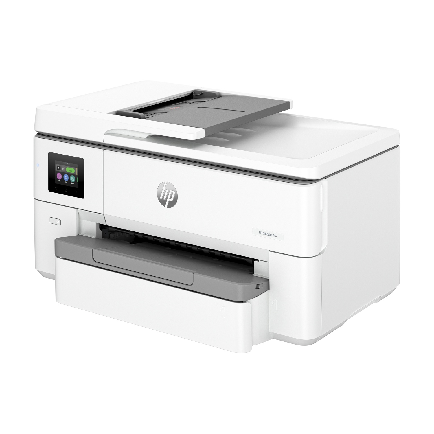 Una stampante HP bianca, con il logo HP sul davanti.