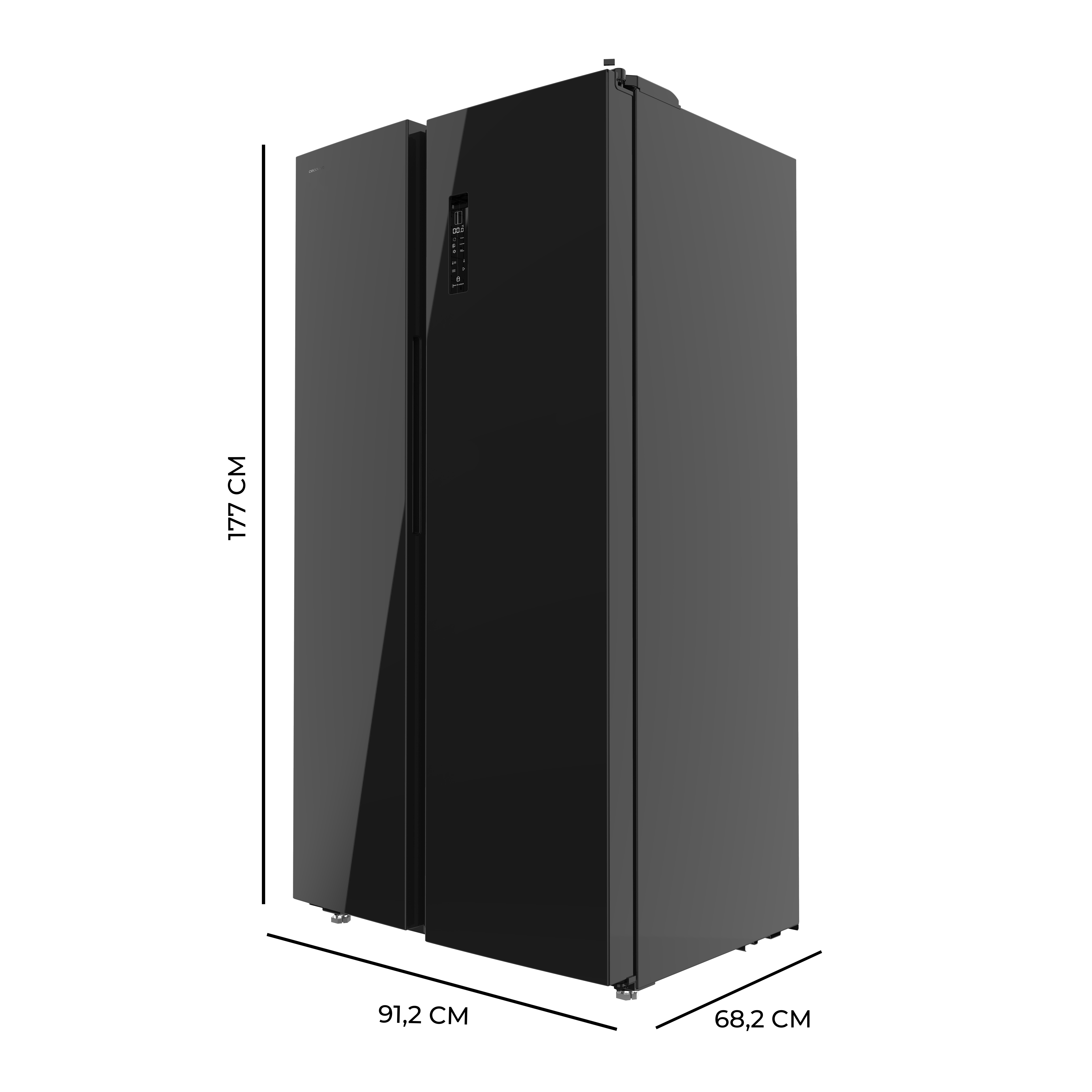 Refrigerador negro con dos puertas, fondo negro.
