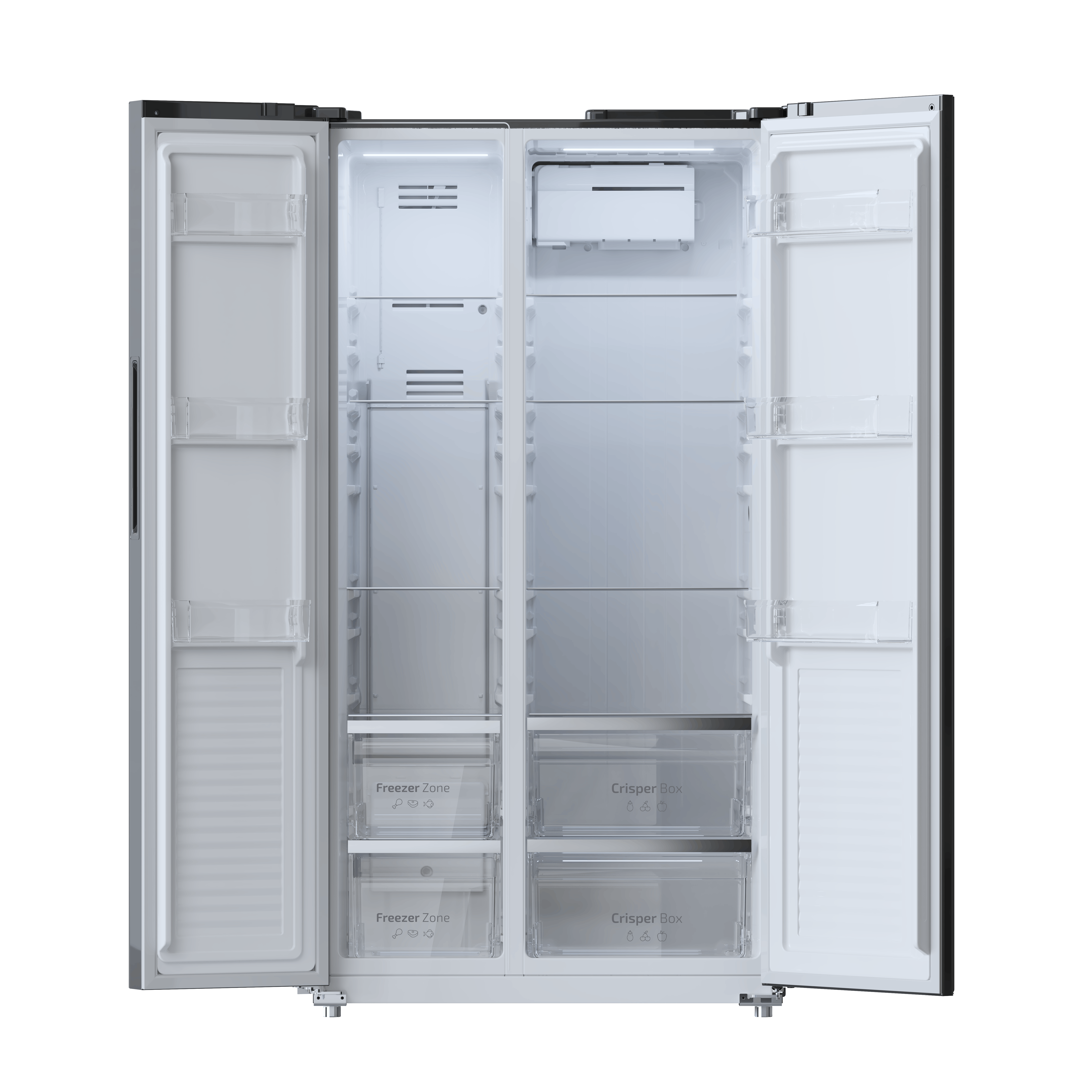 Un refrigerador blanco con puertas abiertas, mostrando compartimentos y cajones.