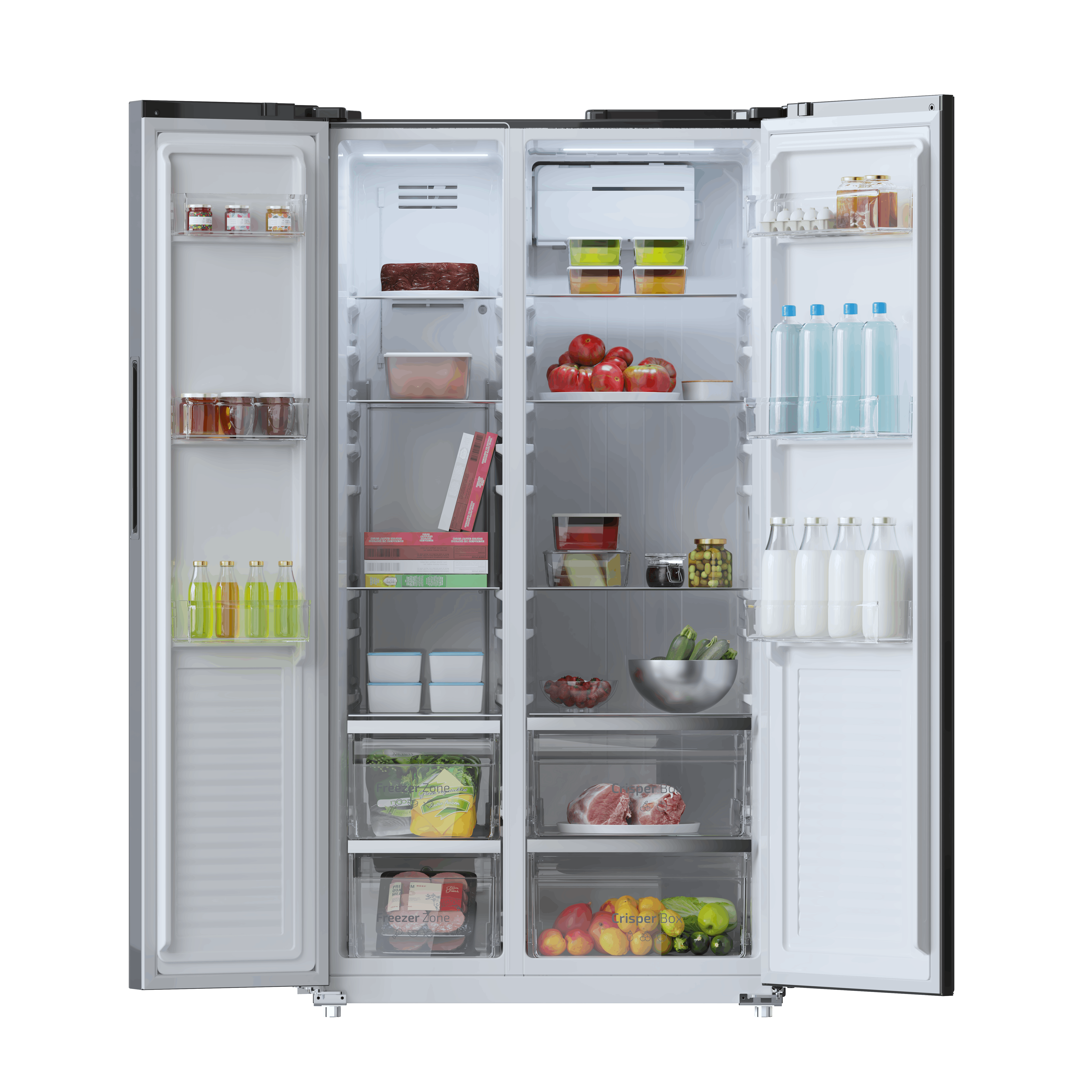 Un refrigerador blanco con puertas abiertas, lleno de comida y estantes.