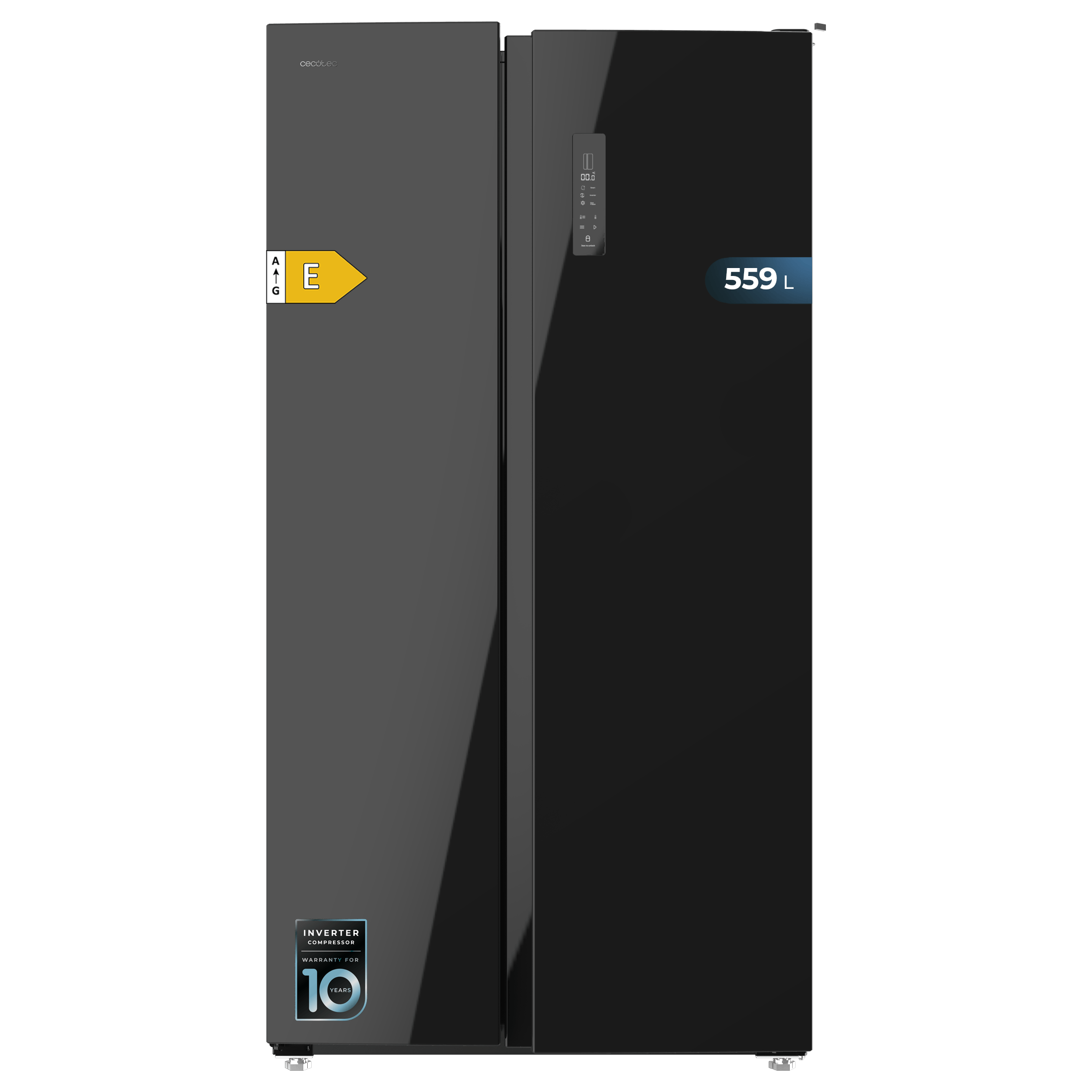 Refrigerador negro con dos puertas. Etiqueta de energía a la izquierda, adhesivo de capacidad de 559 L a la derecha.
