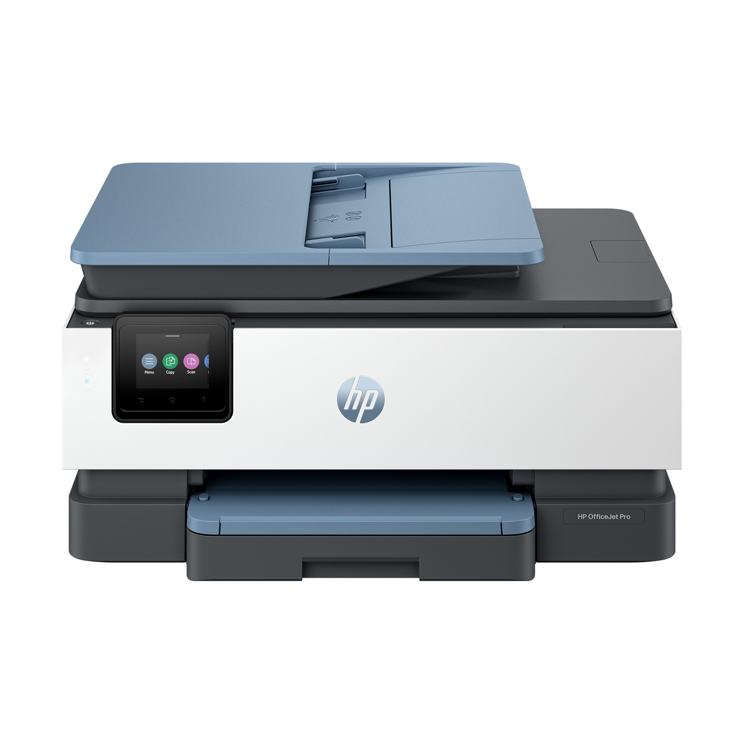 Stampante HP con schermo a colori, parte superiore blu e corpo bianco.