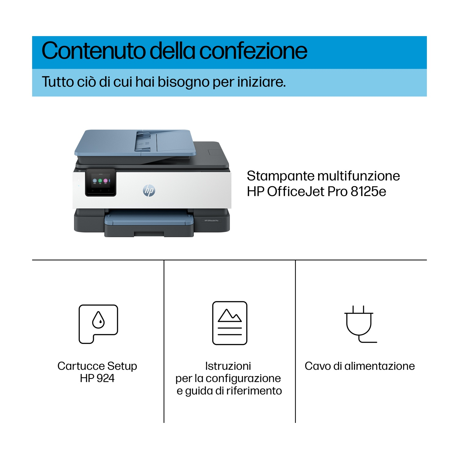 Scatola con il contenuto di una stampante: cartucce di configurazione, istruzioni e cavo di alimentazione.