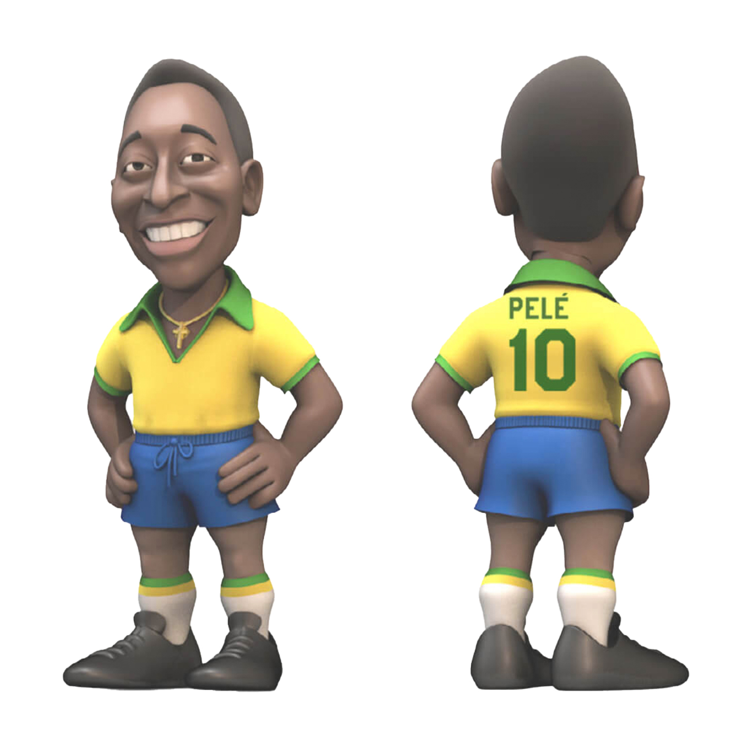 Fumetto del calciatore Pelé in uniforme giallo-blu, in piedi e sorridente.
