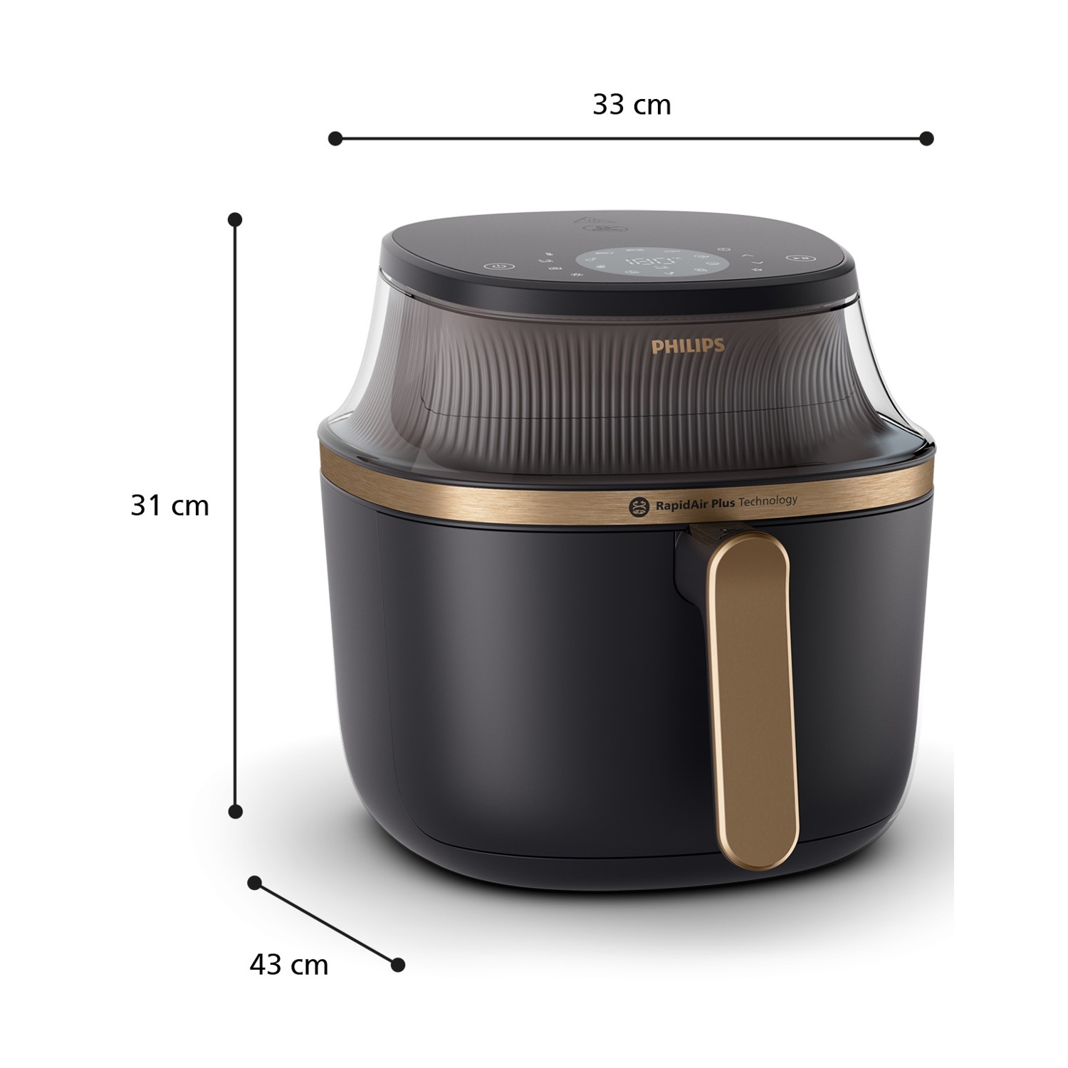 Friggitrice ad aria dall'alto con dimensioni: 33 cm di larghezza, 31 cm di altezza, 43 cm di profondità.