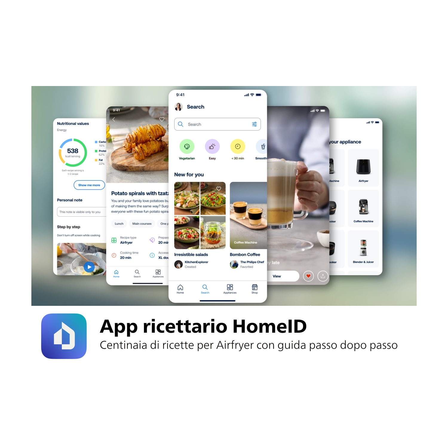 Schermate di un'app per telefoni. L'app mostra ricette e informazioni sugli elettrodomestici.