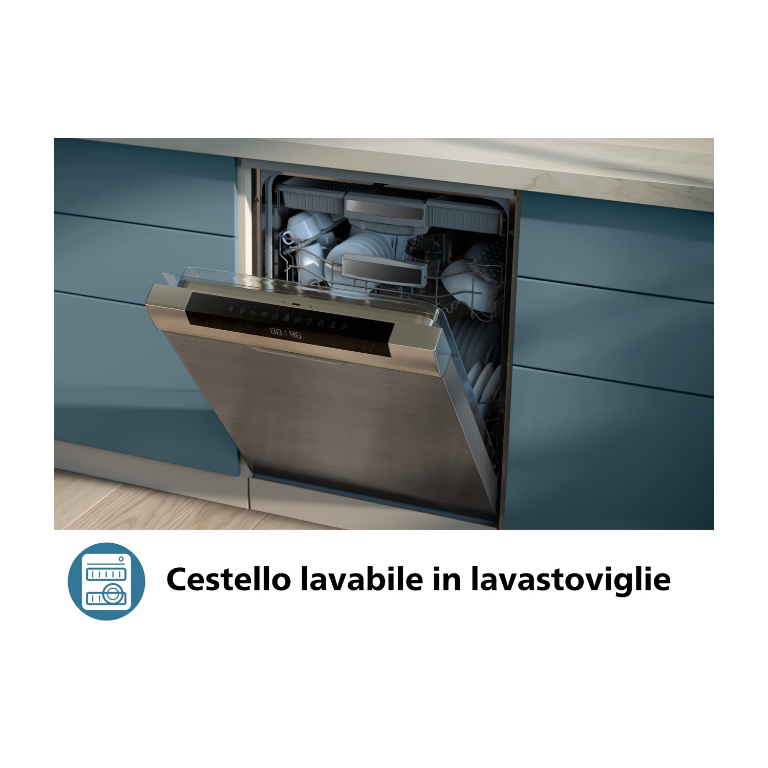 Lavastoviglie aperta, interno visibile con piatti. Porta in acciaio inox, armadi blu sullo sfondo.