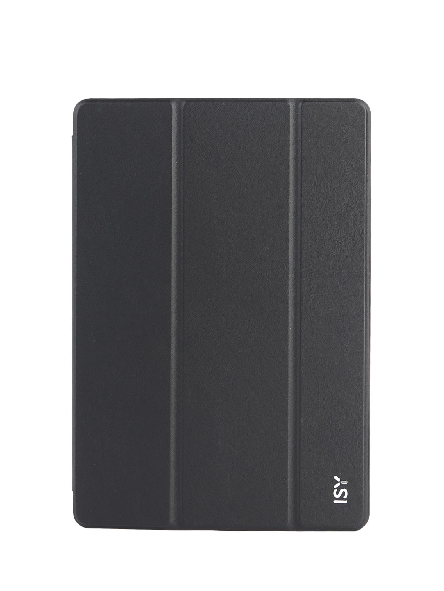 Schwarze Tablet-Hülle gefaltet. Es hat eine glatte Oberfläche mit einem ISY-Logo.