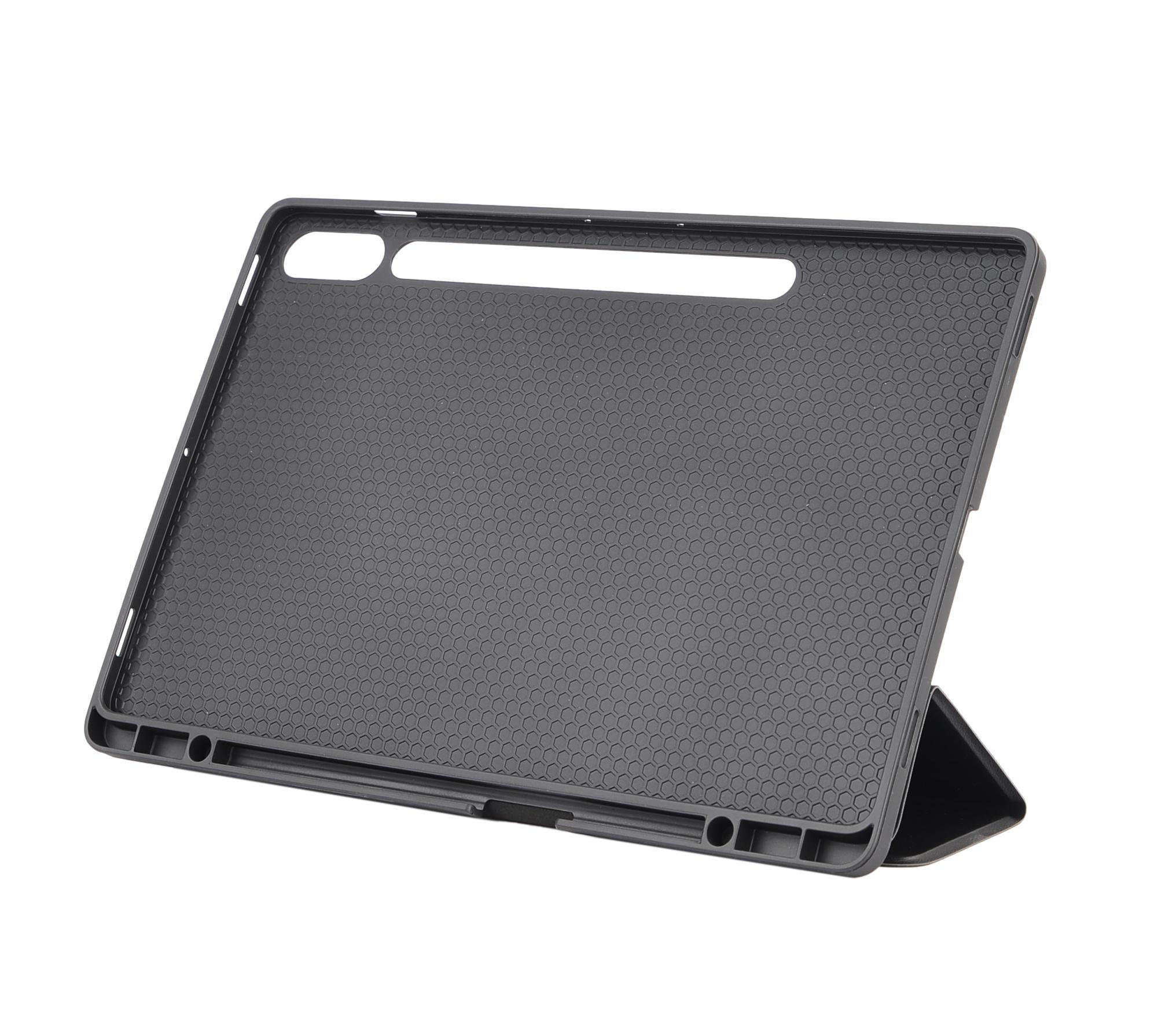 Schwarze Tablet-Hülle mit Wabenmuster und Klappständer.