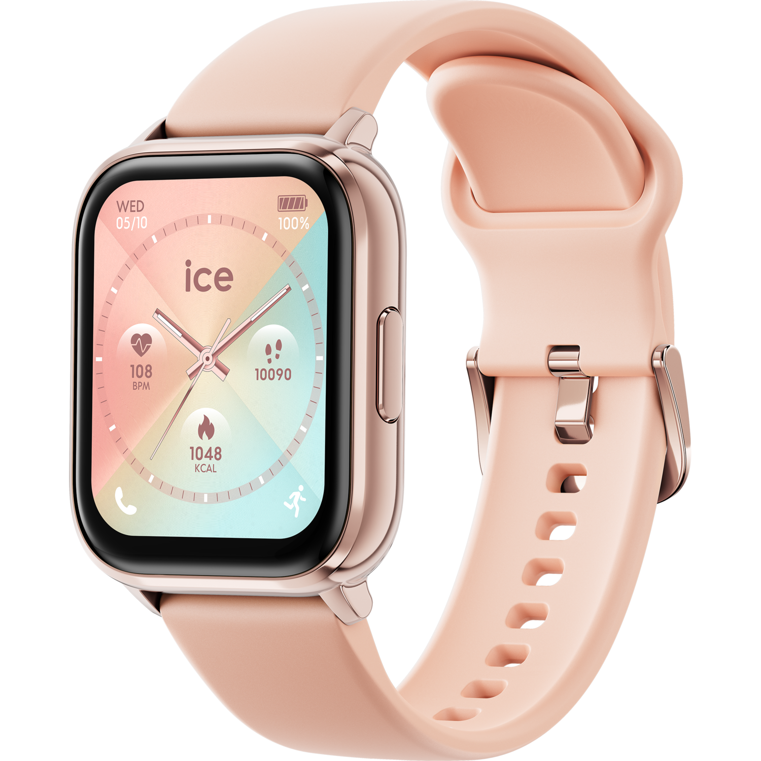 Montre intelligente rose. Cadran carré avec horloge, fréquence cardiaque, pas et plus encore. Bracelet rose.