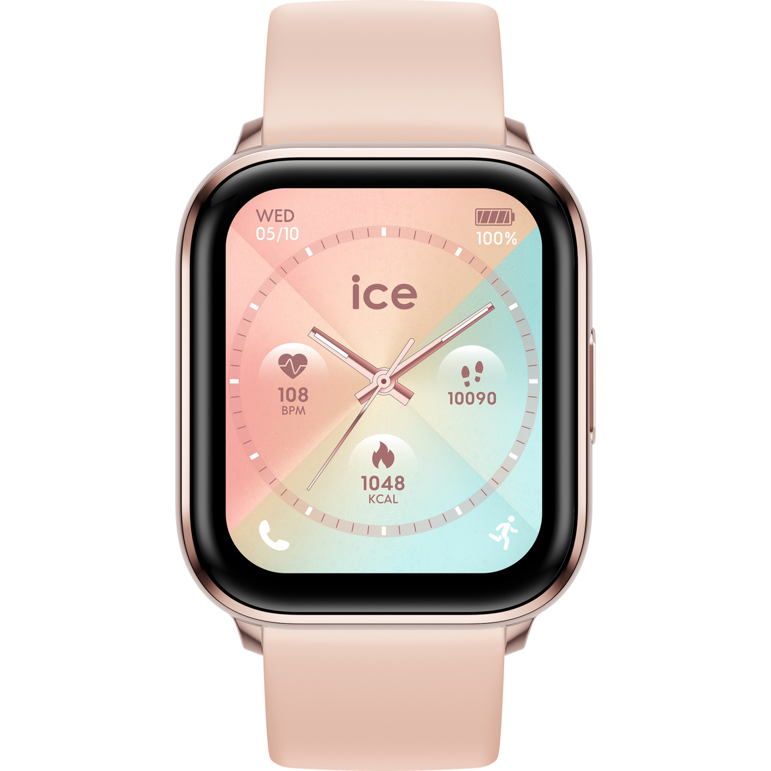 Smartwatch avec bracelet rose et affichage circulaire avec données.