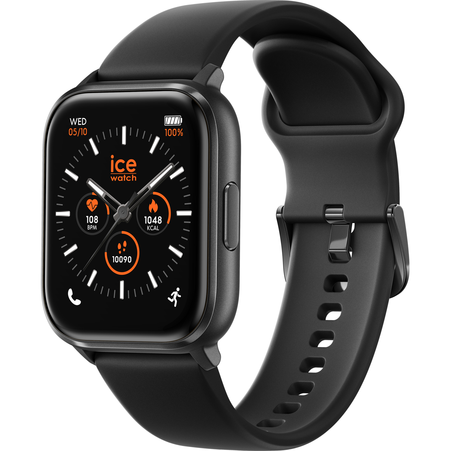 Smartwatch Ice Watch noire avec bracelet noir. L'écran affiche l'heure, la date, la fréquence cardiaque, les pas et les calories.