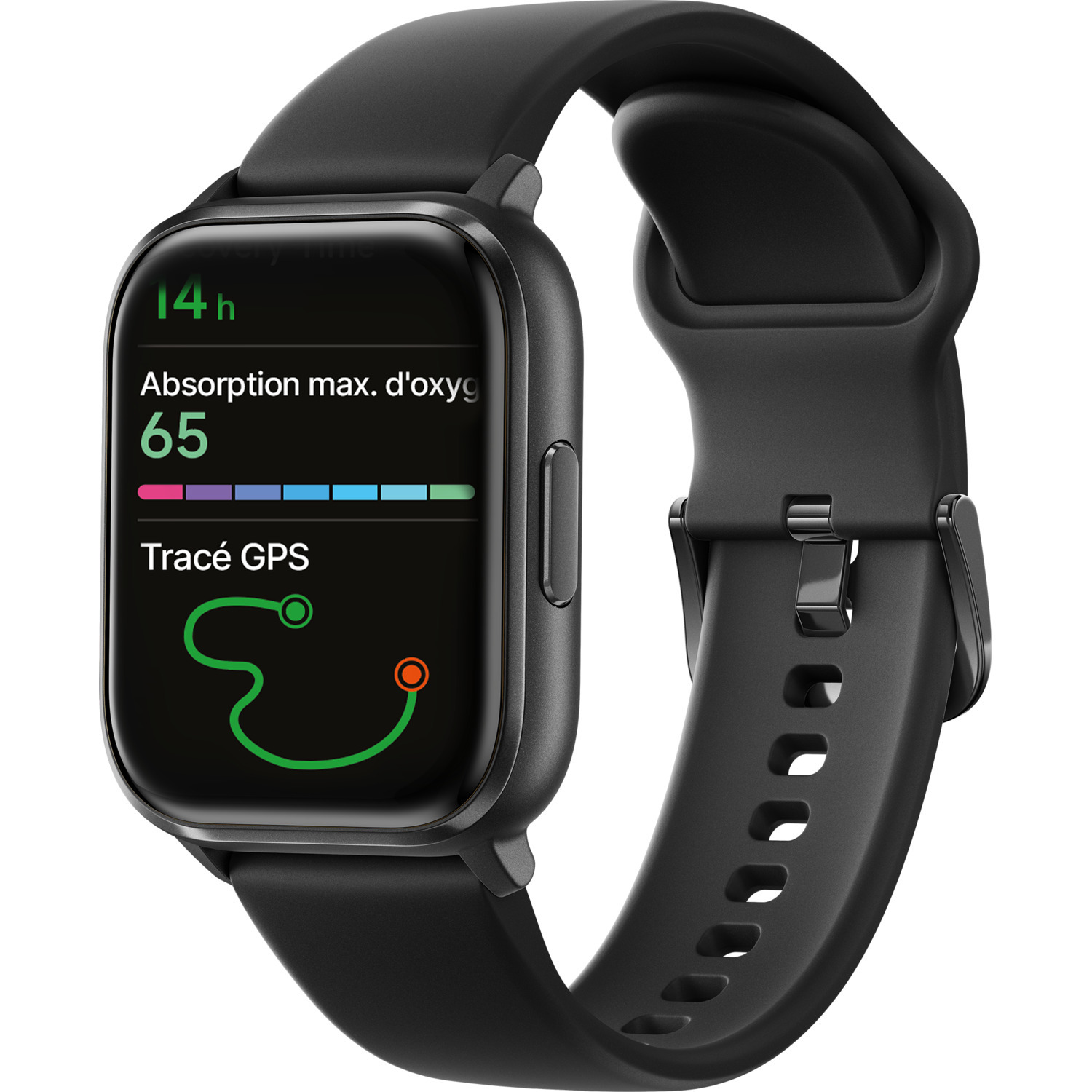 Une montre intelligente noire avec un bracelet noir, affichant des données de fitness.