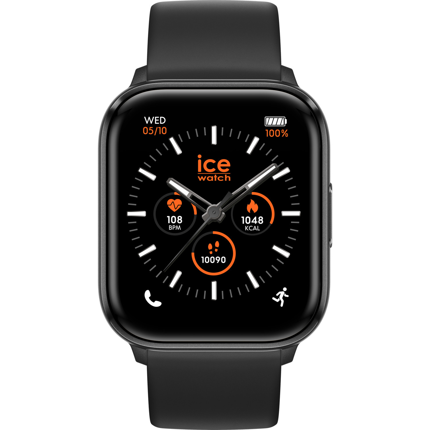Montre connectée noire affichant l'heure et les mesures de santé.