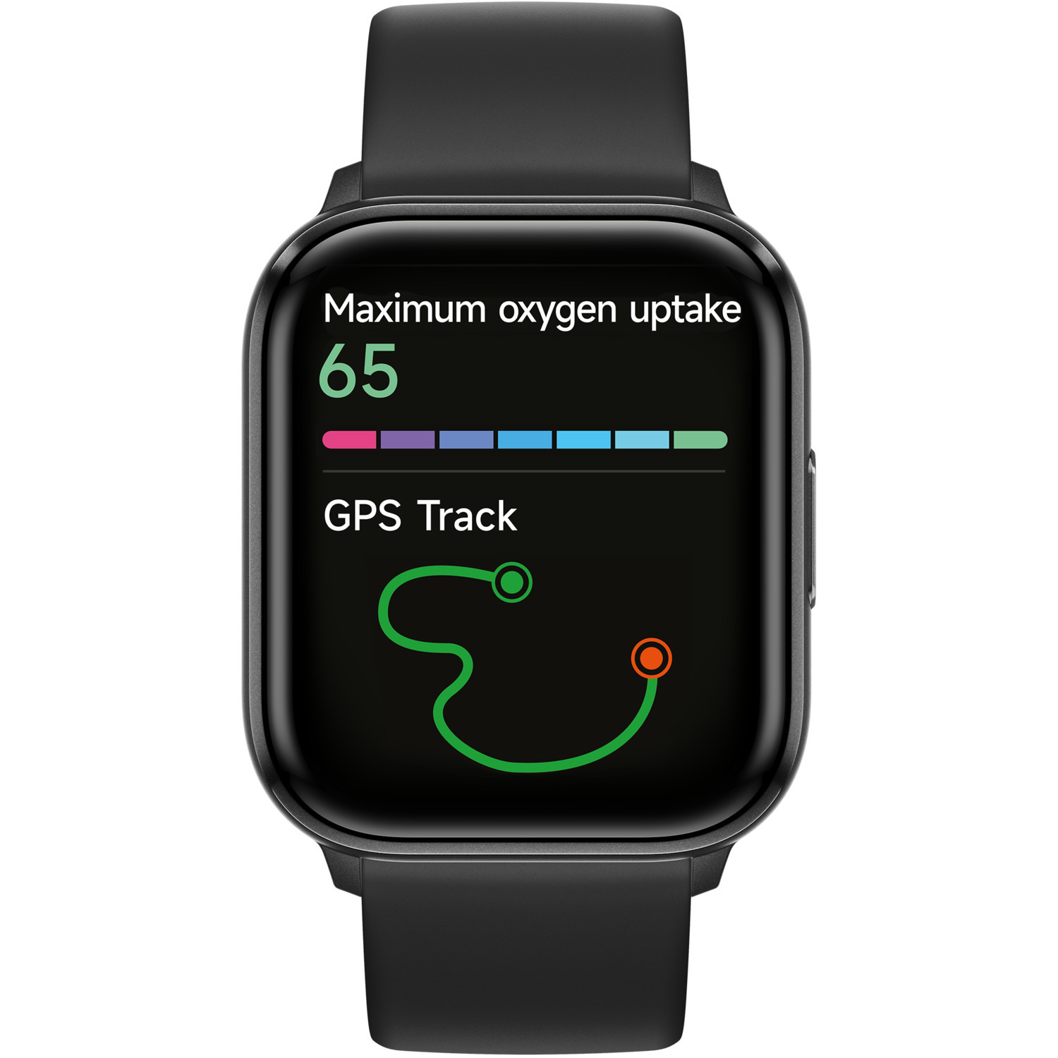 Une smartwatch noire affichant les niveaux d'oxygène, le suivi GPS et un itinéraire incurvé.