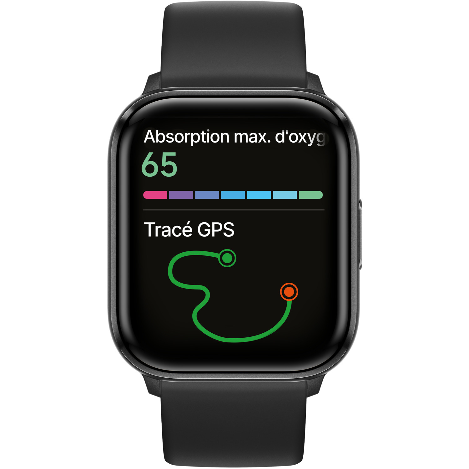 Montre connectée noire affichant des données de fitness avec bracelet noir.