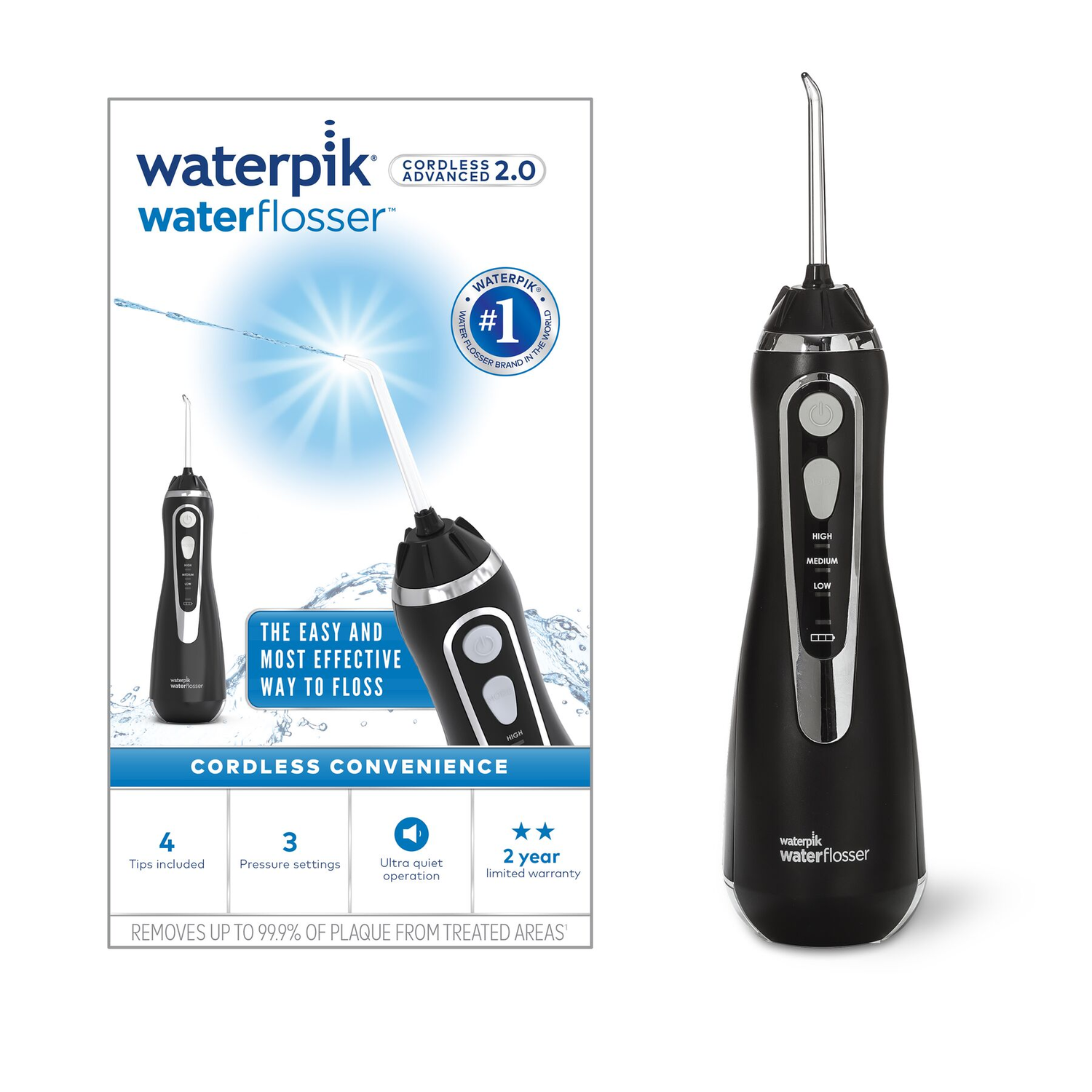 A black Waterpik Waterflosser with water nozzle and control buttons.