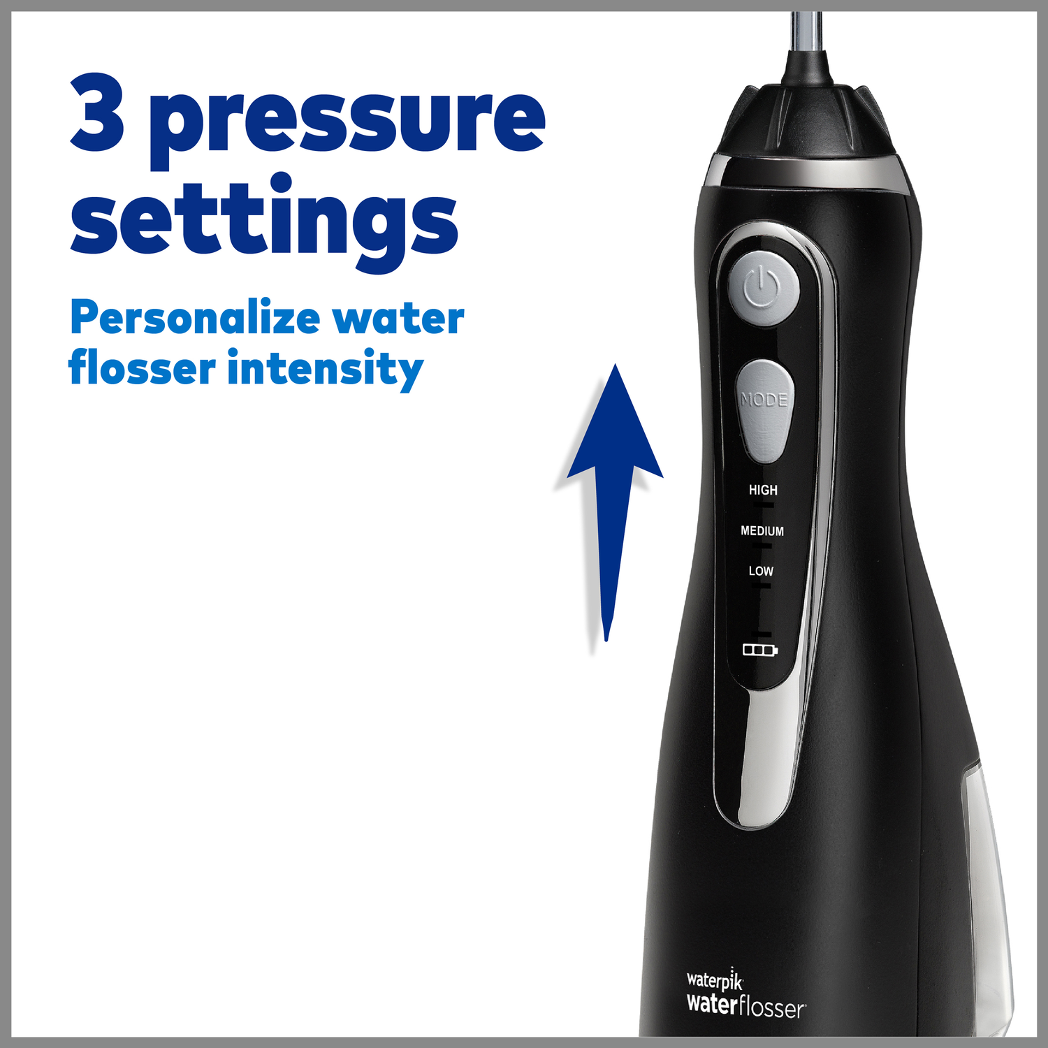 Black Waterpik water flosser with 3 pressure settings: High, Medium, Low.