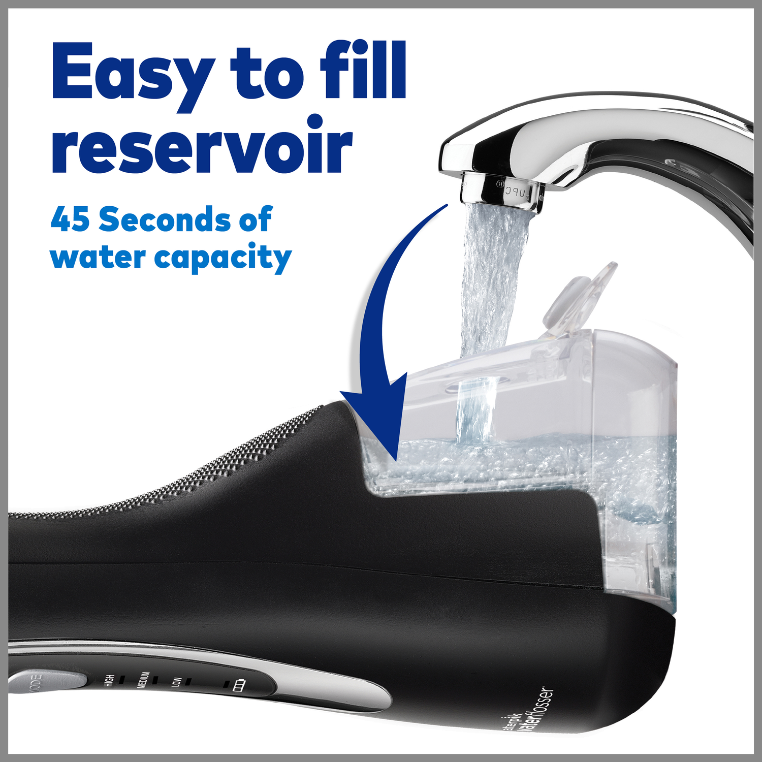 Water flows from a chrome faucet into the clear reservoir of a black water flosser.
