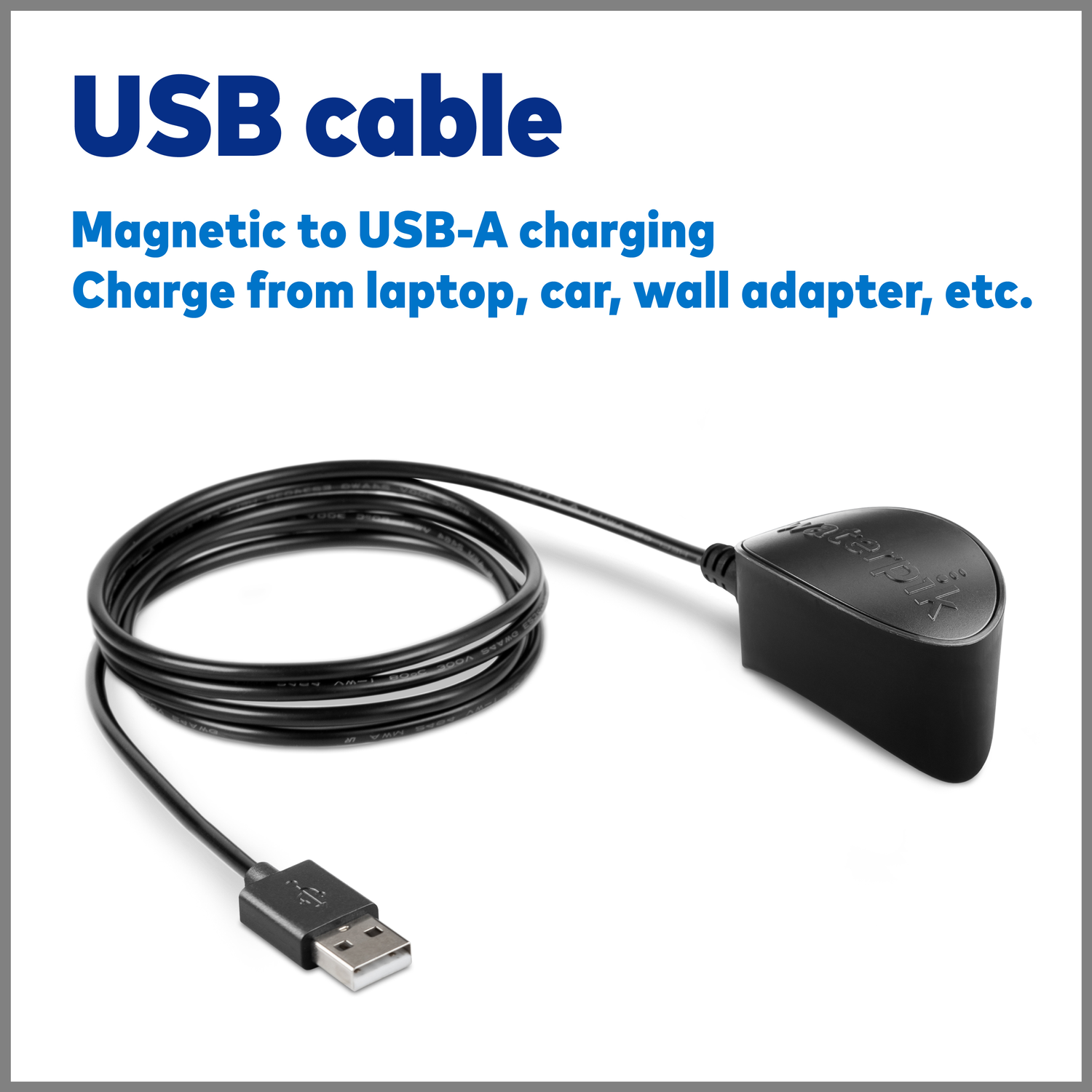 Black USB-A charging cable with a magnetic connector, on a white background.