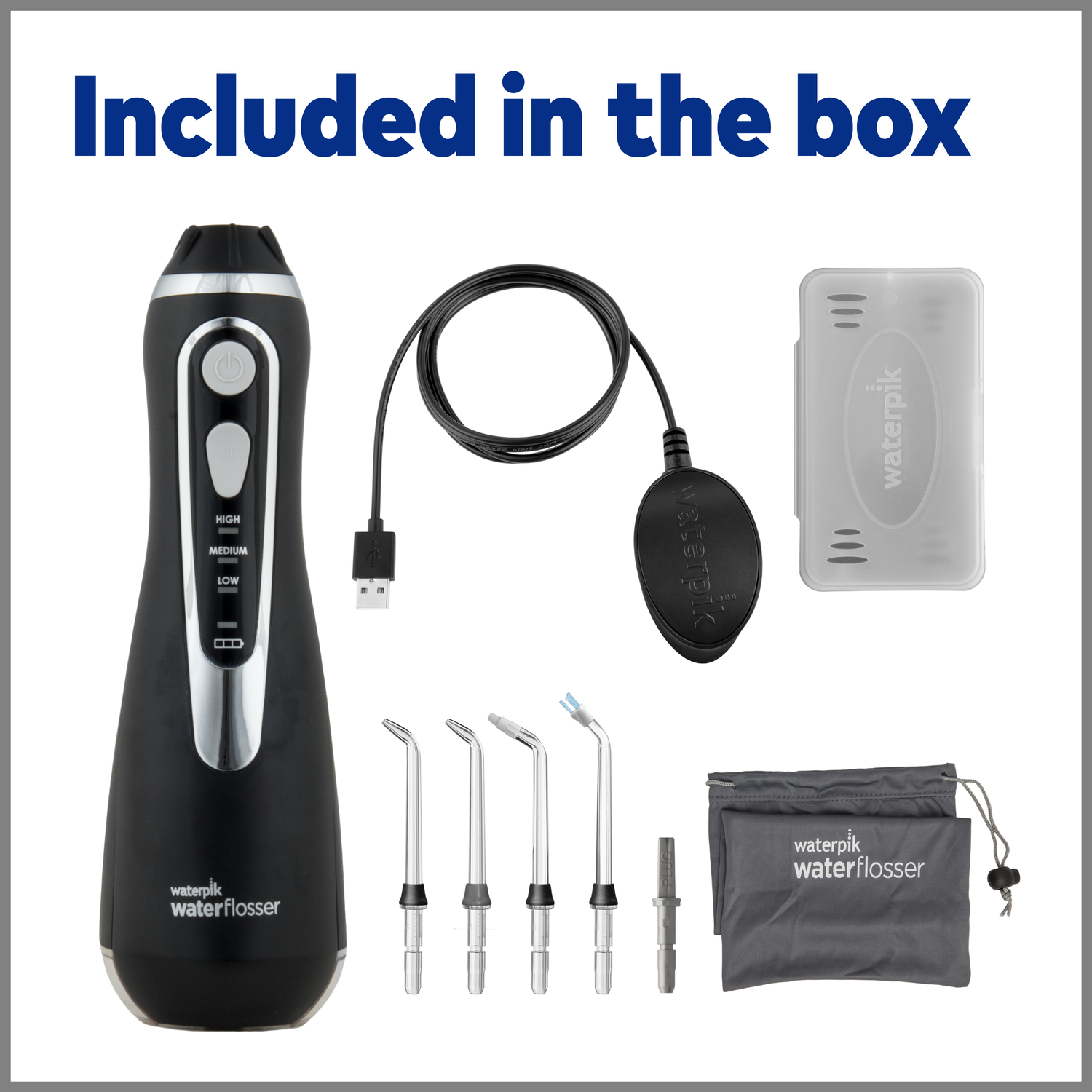 Waterpik waterflosser with USB cable, charger, 3 tips, case, and storage bag.