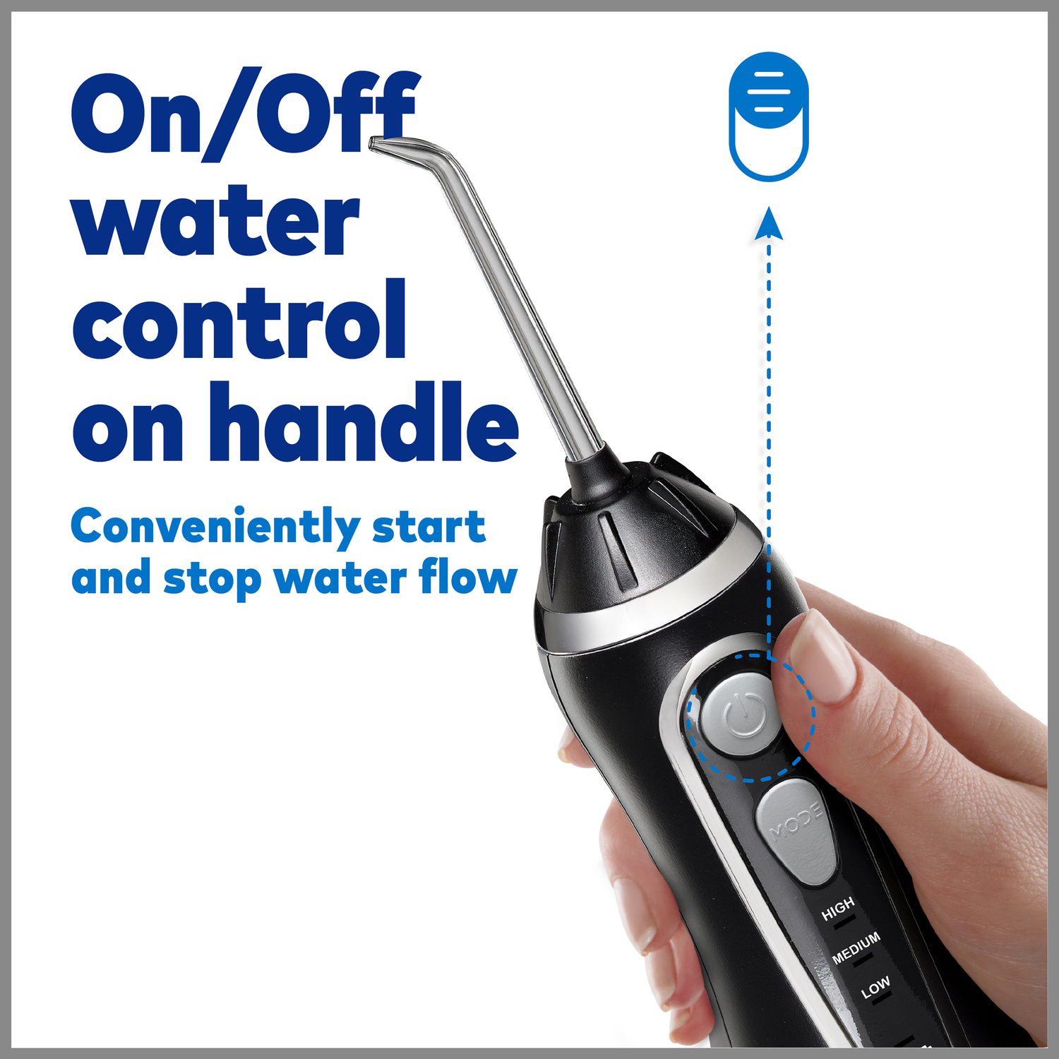 A hand holds a black water flosser with on/off control on the handle.
