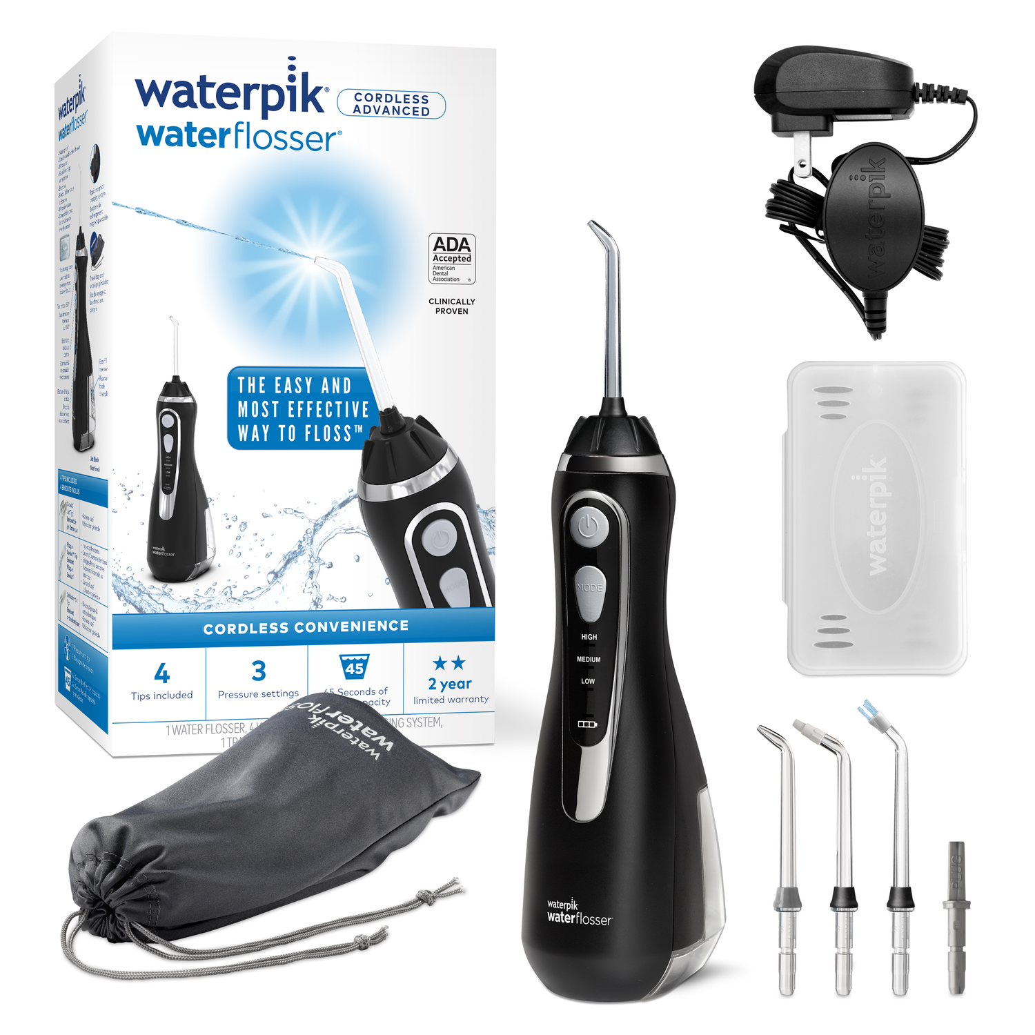 A black Waterpik Waterflosser with accessories, including charger, tips, and travel bag.