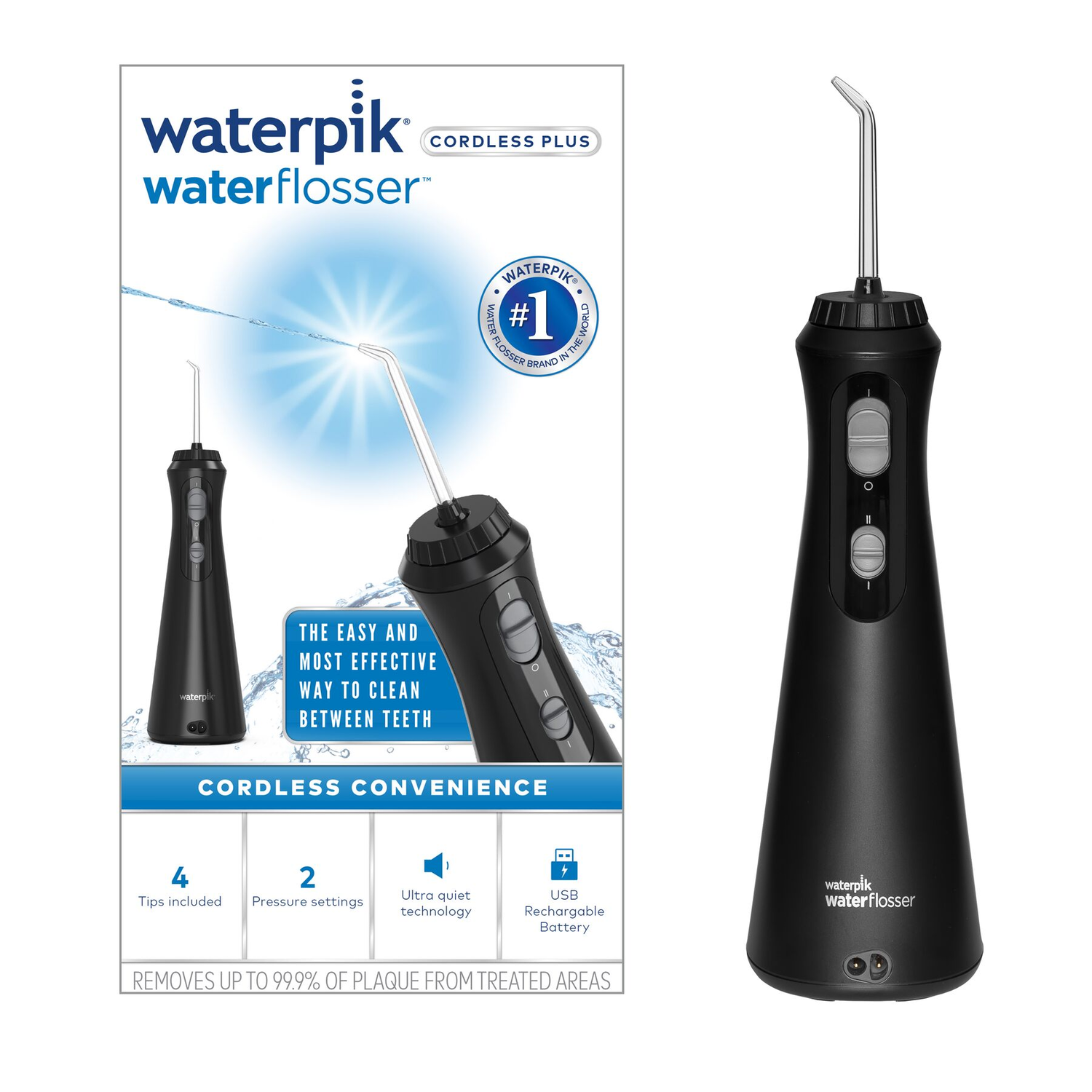Black water flosser with tips, white background.