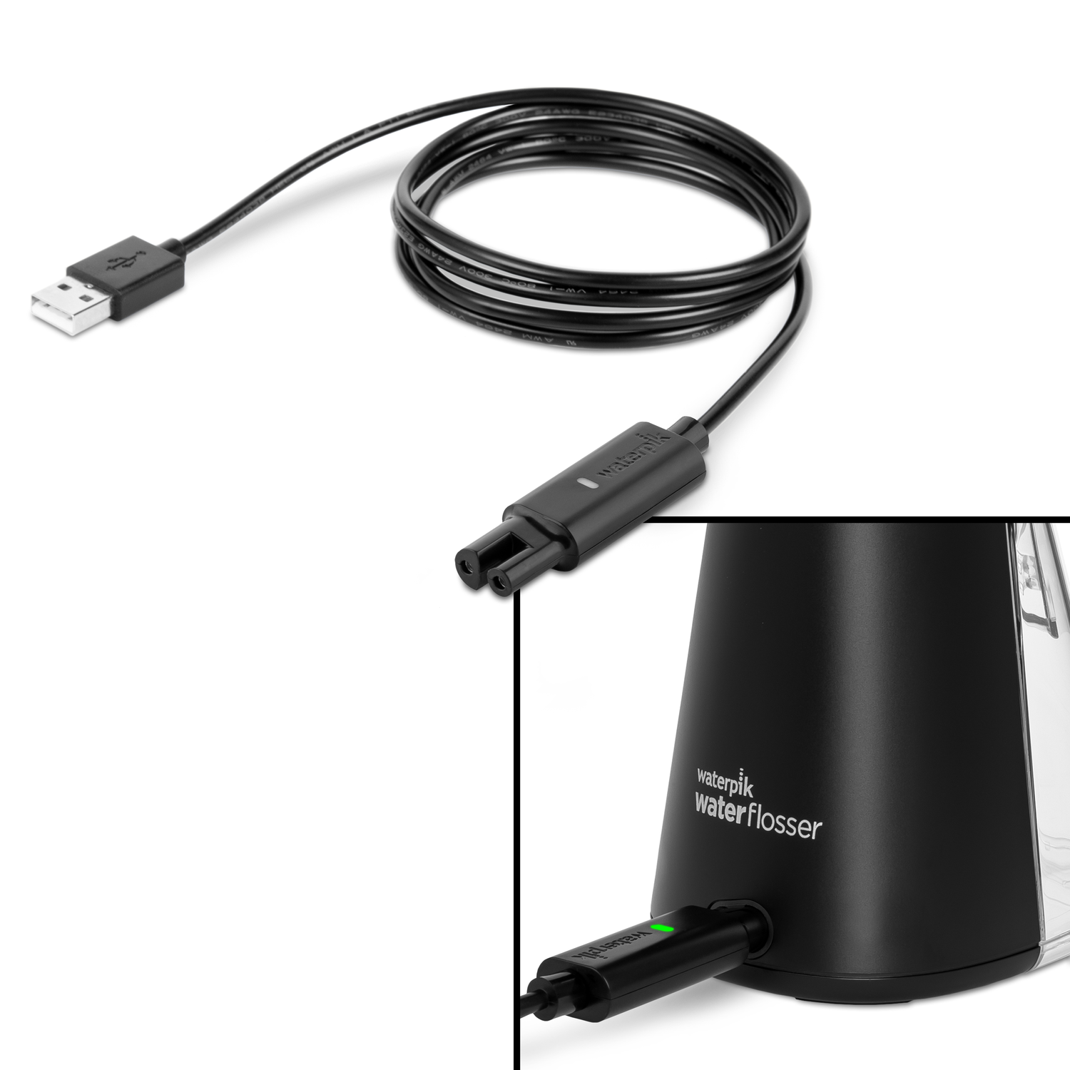 Black USB charging cable, connected to a Waterpik water flosser and USB plug.