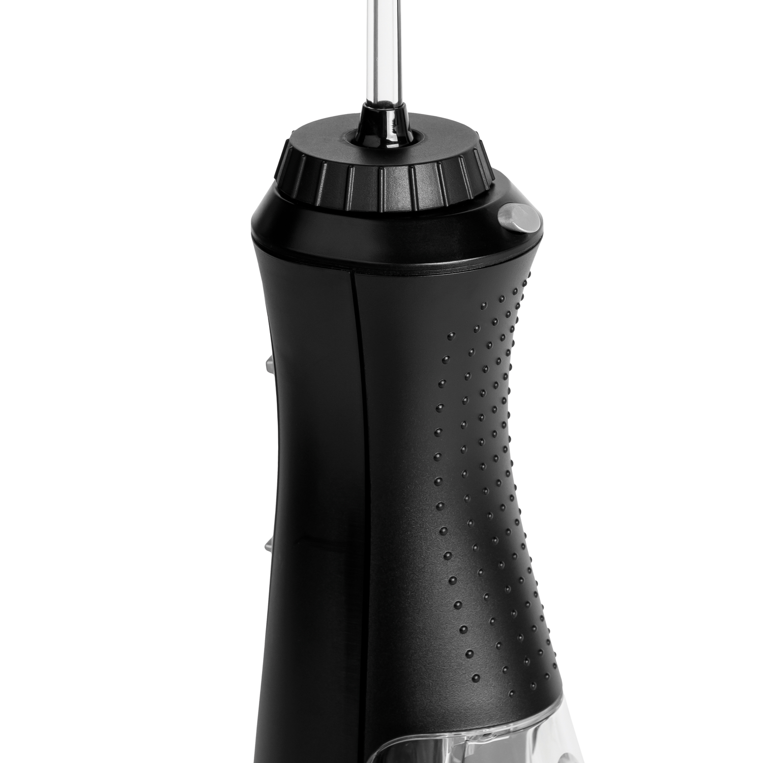 A black water flosser. It has a long nozzle and a black body with a few buttons.