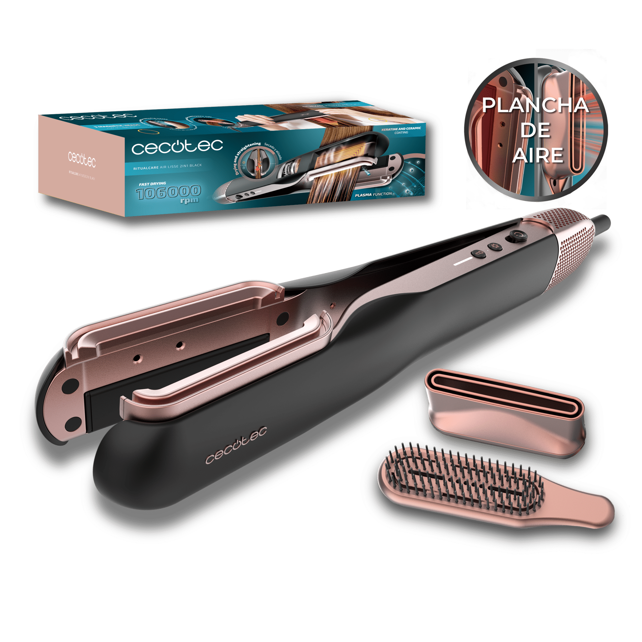 Plancha para el pelo con accesorios y caja sobre fondo negro.