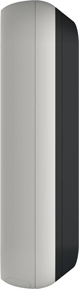 Weißes und dunkelgraues Gerät. Scheint eine Smart-Home-Komponente zu sein. Seitenansicht.