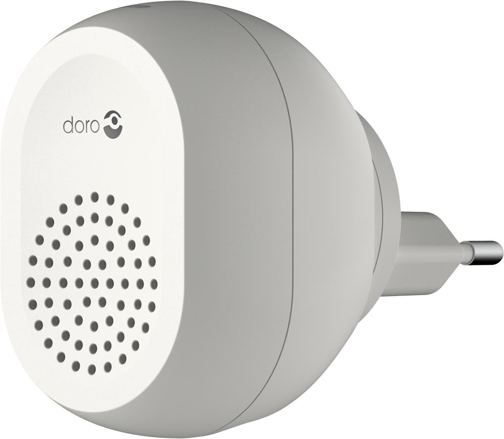 Weißer Smart-Lautsprecher mit abgerundetem Design, Lautsprechergitter vorne und Netzstecker.